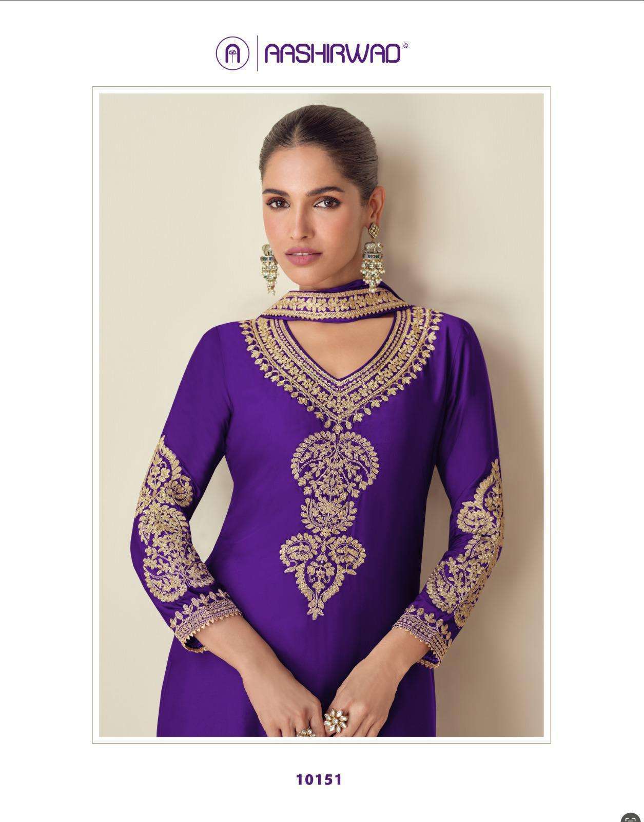 AASHIRWAD ROMA 10150 TO 10152 CHINON SILK DESIGNER SUIT CATALOGUE EXPORTER 2024