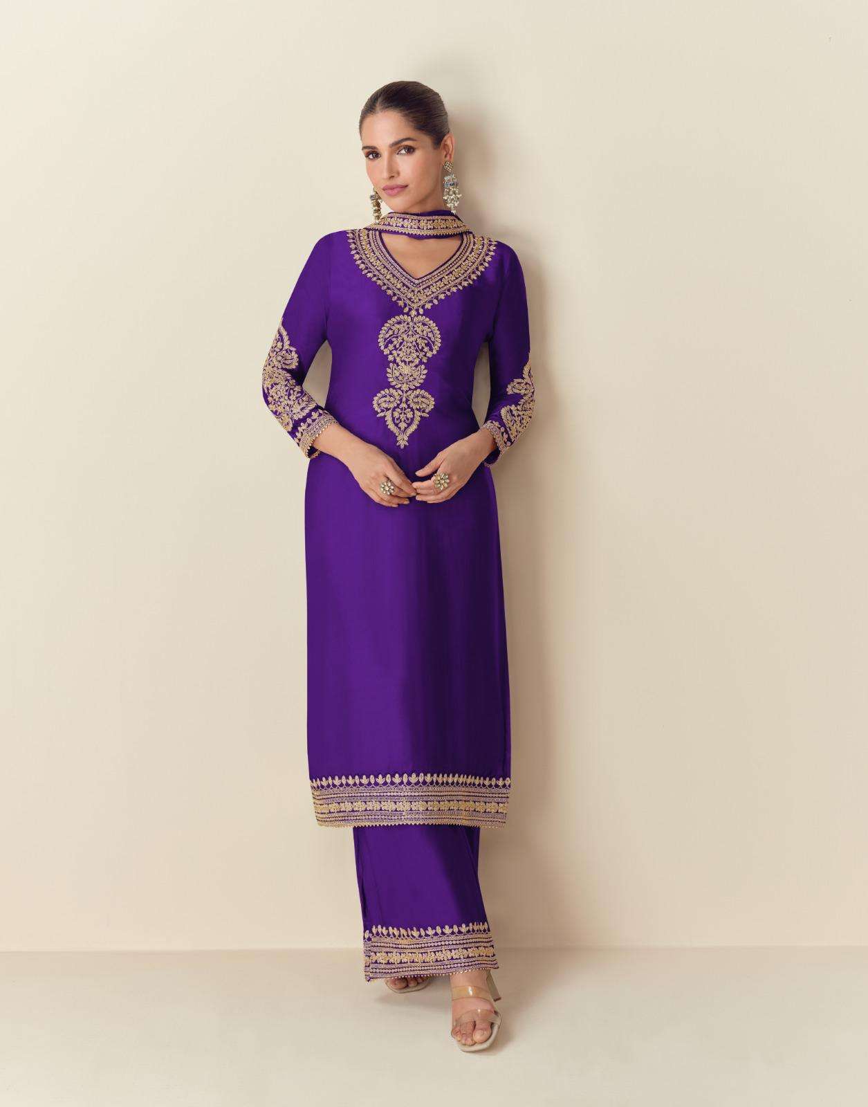 AASHIRWAD ROMA 10150 TO 10152 CHINON SILK DESIGNER SUIT CATALOGUE EXPORTER 2024