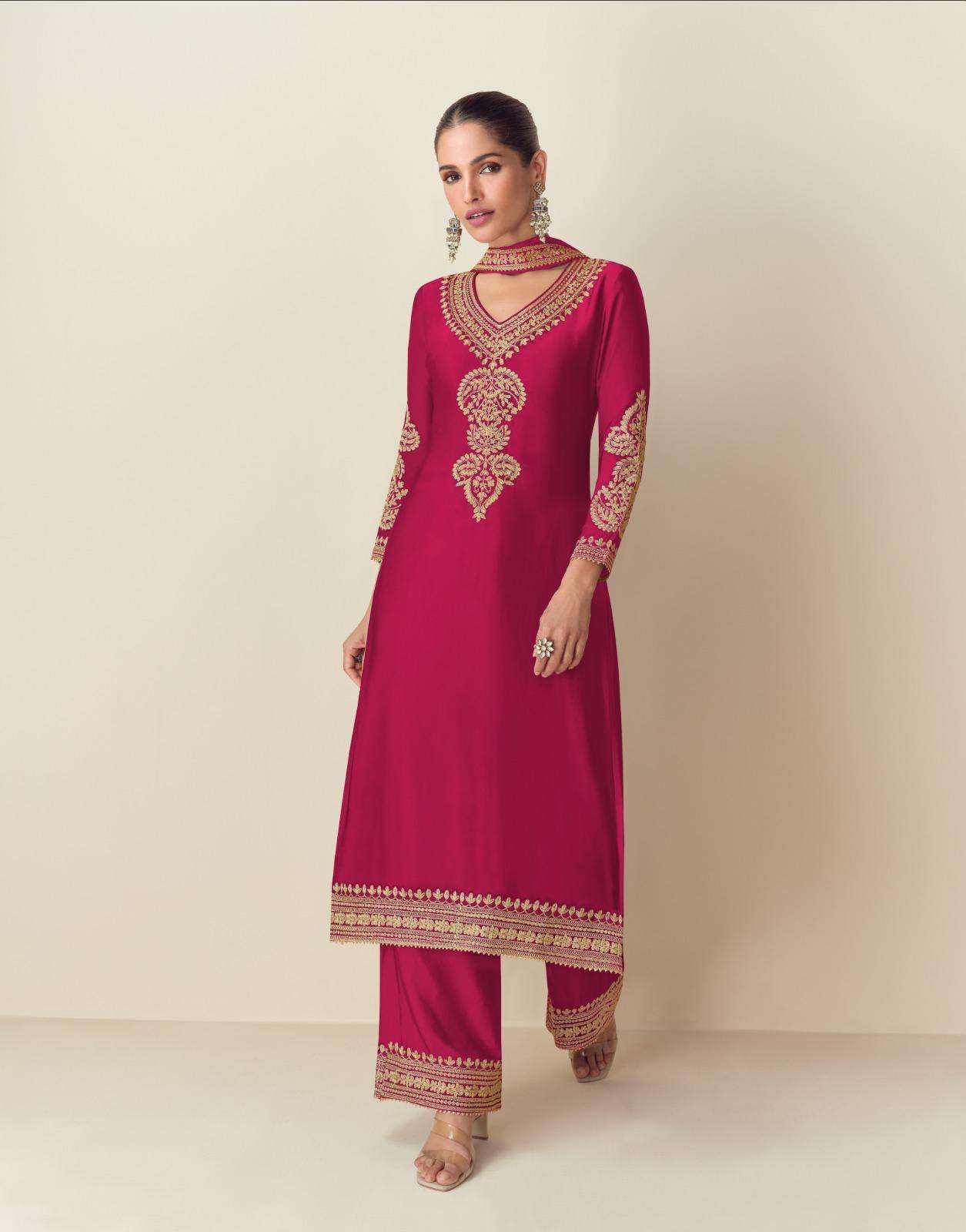 AASHIRWAD ROMA 10150 TO 10152 CHINON SILK DESIGNER SUIT CATALOGUE EXPORTER 2024