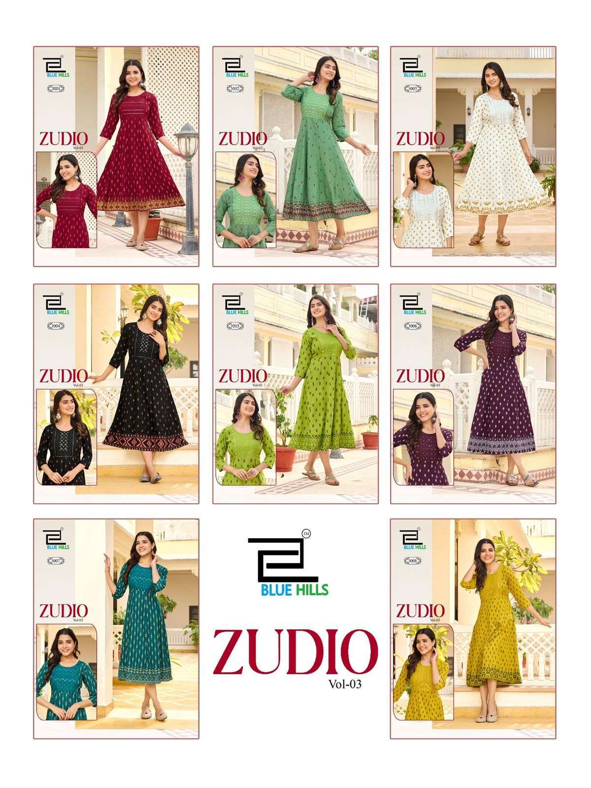 BLUE HILLS ZUDIO VOL 3 ANARKALI PATTERN FANCY KURTI CATALOGUE EXPORTER 