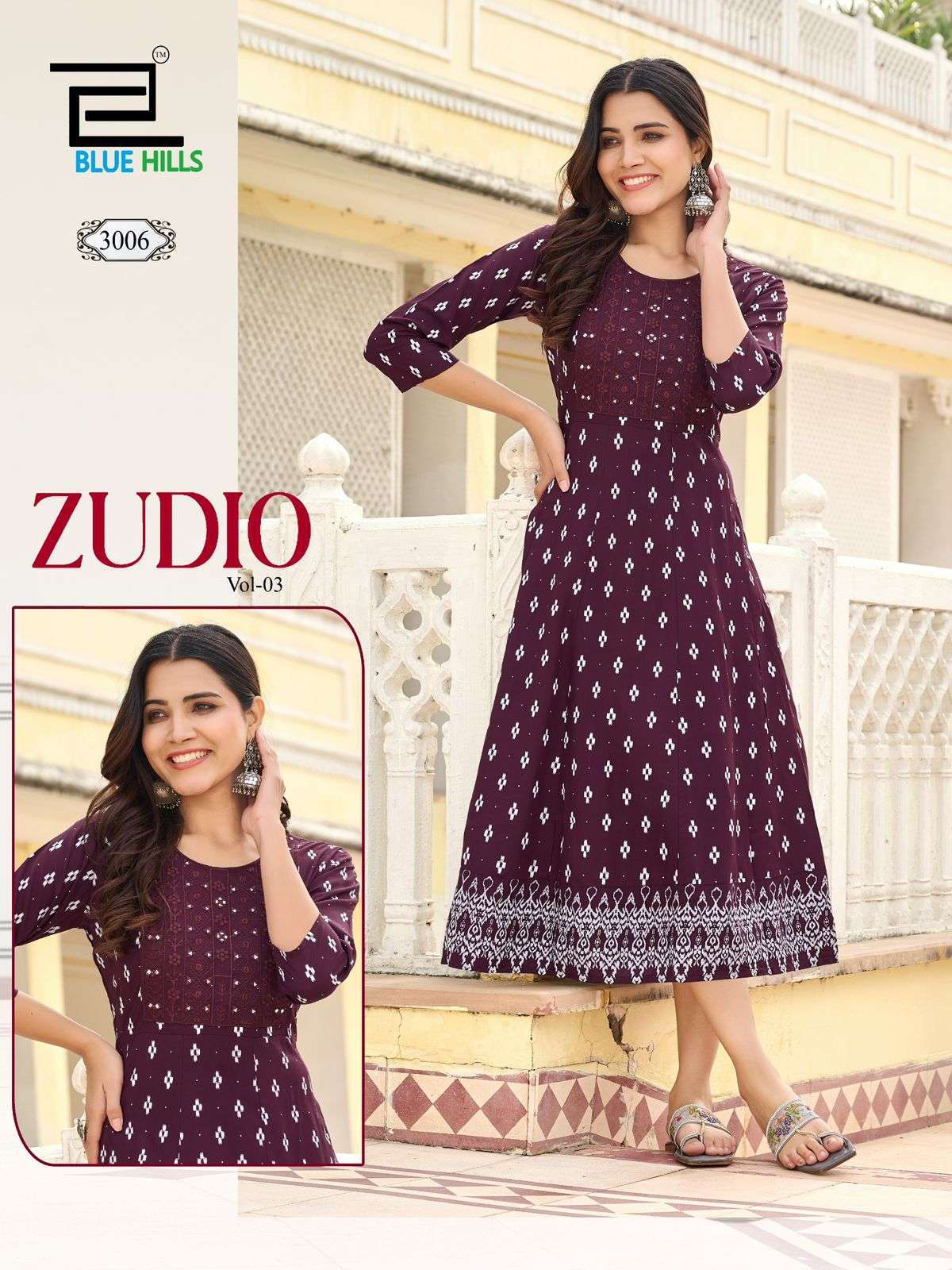BLUE HILLS ZUDIO VOL 3 ANARKALI PATTERN FANCY KURTI CATALOGUE EXPORTER 