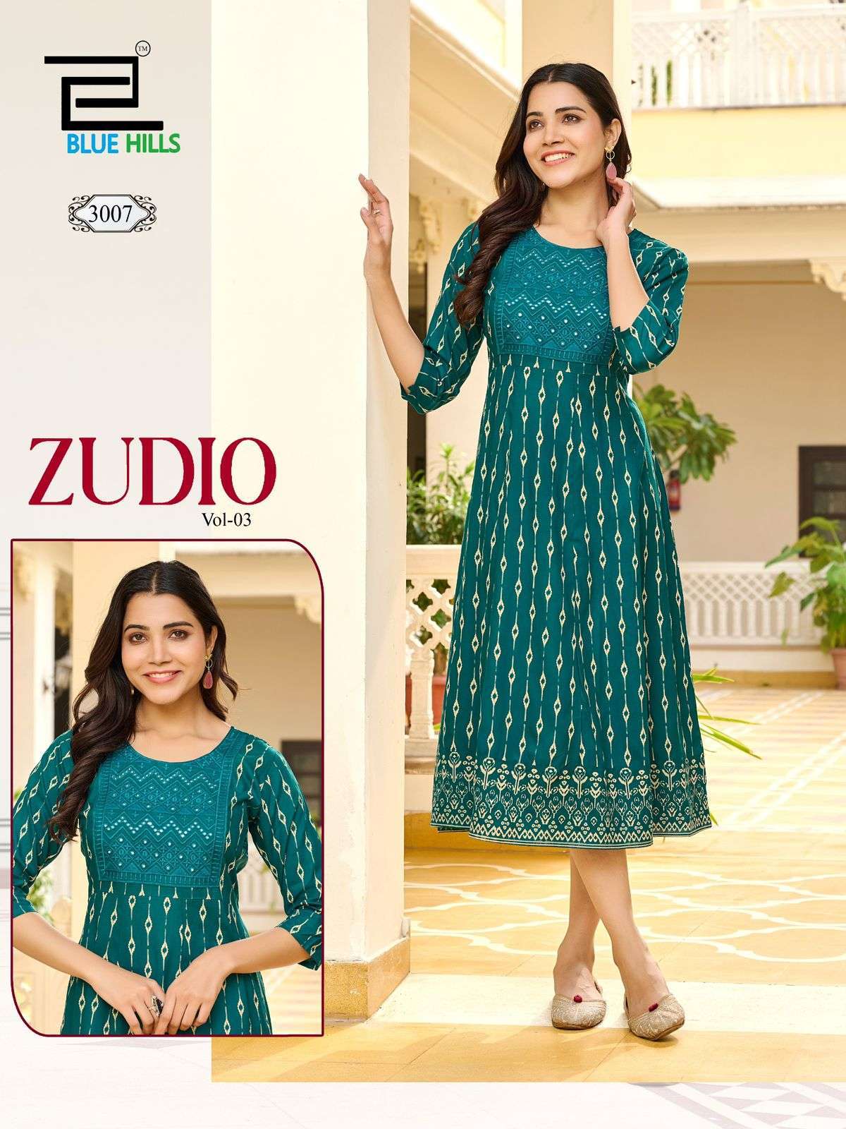 BLUE HILLS ZUDIO VOL 3 ANARKALI PATTERN FANCY KURTI CATALOGUE EXPORTER 