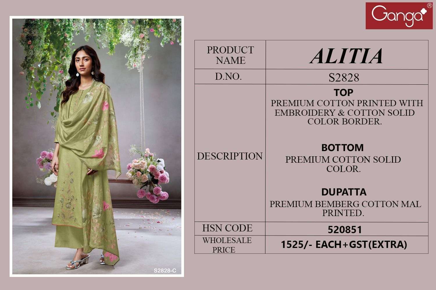 GANGA FASHION ALITIA 2828 FANCY COTTON SUIT CATALOG EXPORTER 2025