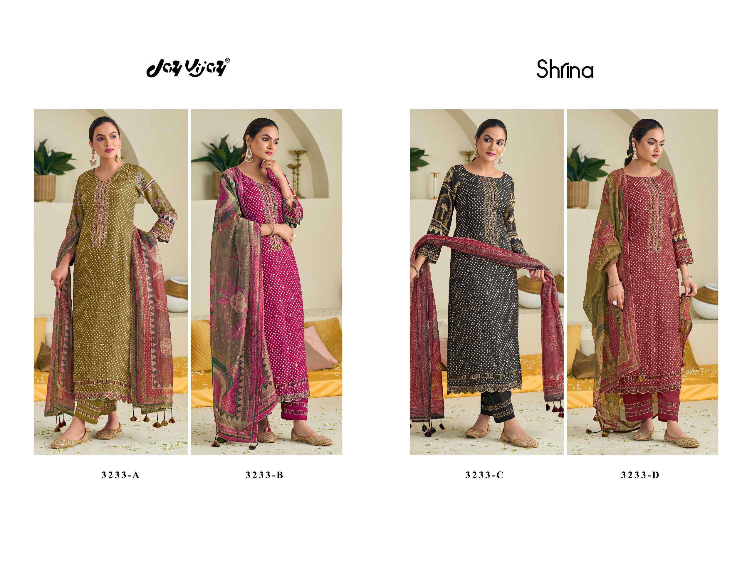 JAY VIJAY SHRINA 3233 FANCY MUSLIN SHIMMER DESIGNER LADIES SUIT CATALOGUE WHOLESALE PRICE 2025