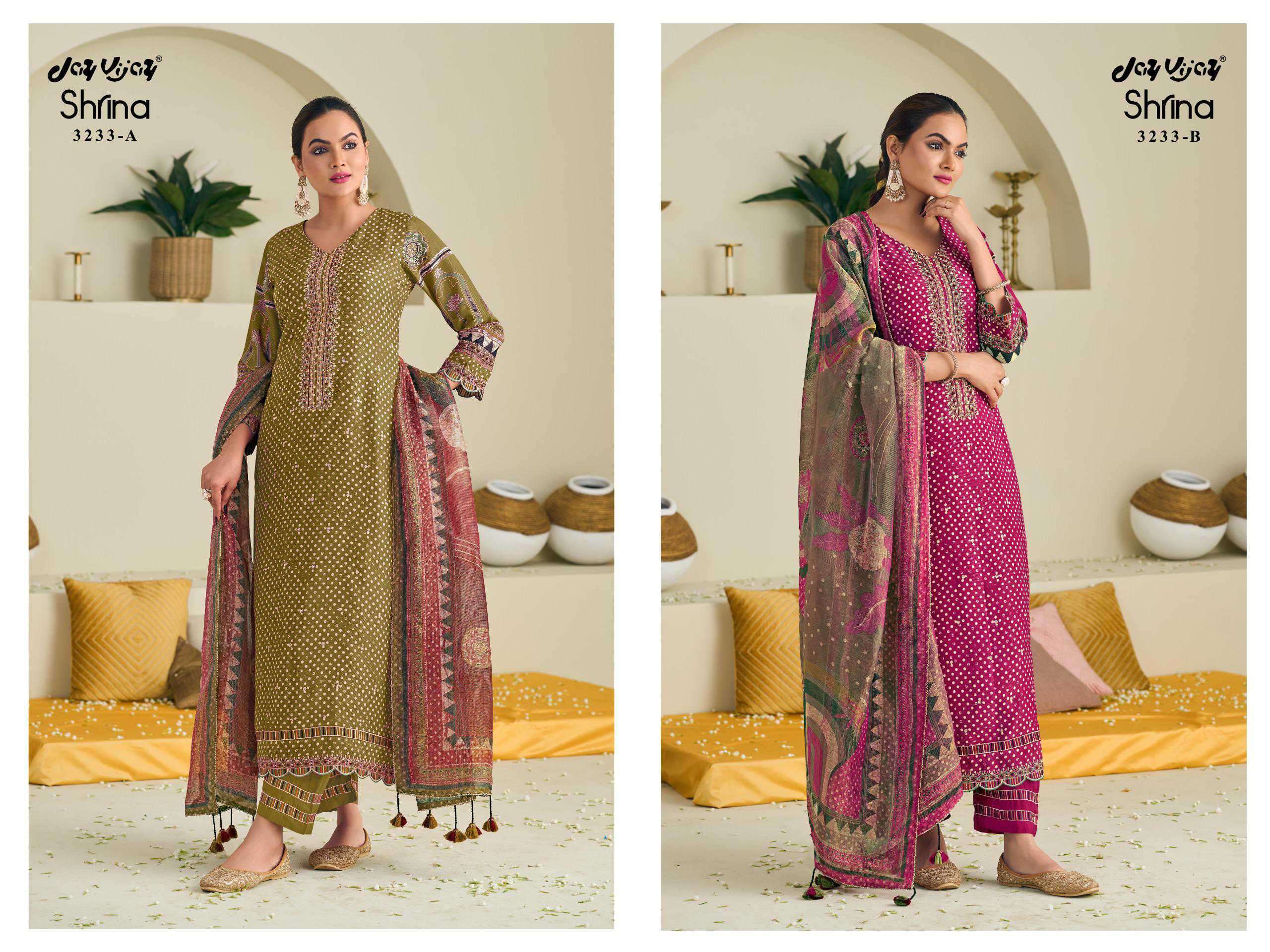 JAY VIJAY SHRINA 3233 FANCY MUSLIN SHIMMER DESIGNER LADIES SUIT CATALOGUE WHOLESALE PRICE 2025
