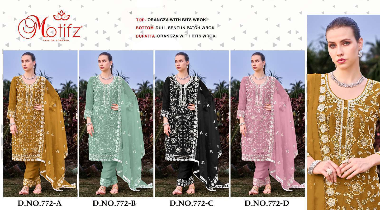 MOTIFZ 772 COLORS HEAVY EMBROIDERY ORGANZA PAKISTANI DRESS COLLECTION BEST RATE 