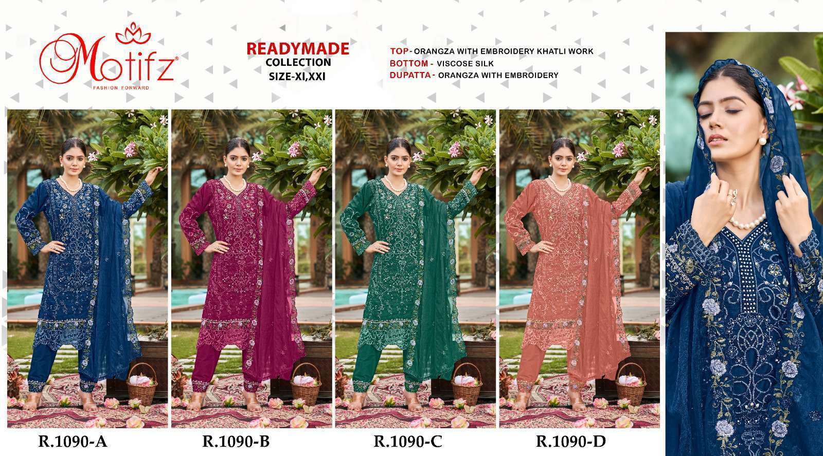 MOTIFZ R 1090 COLORS DESIGNER ORGANZA SUIT CATALOG WHOLESALER 