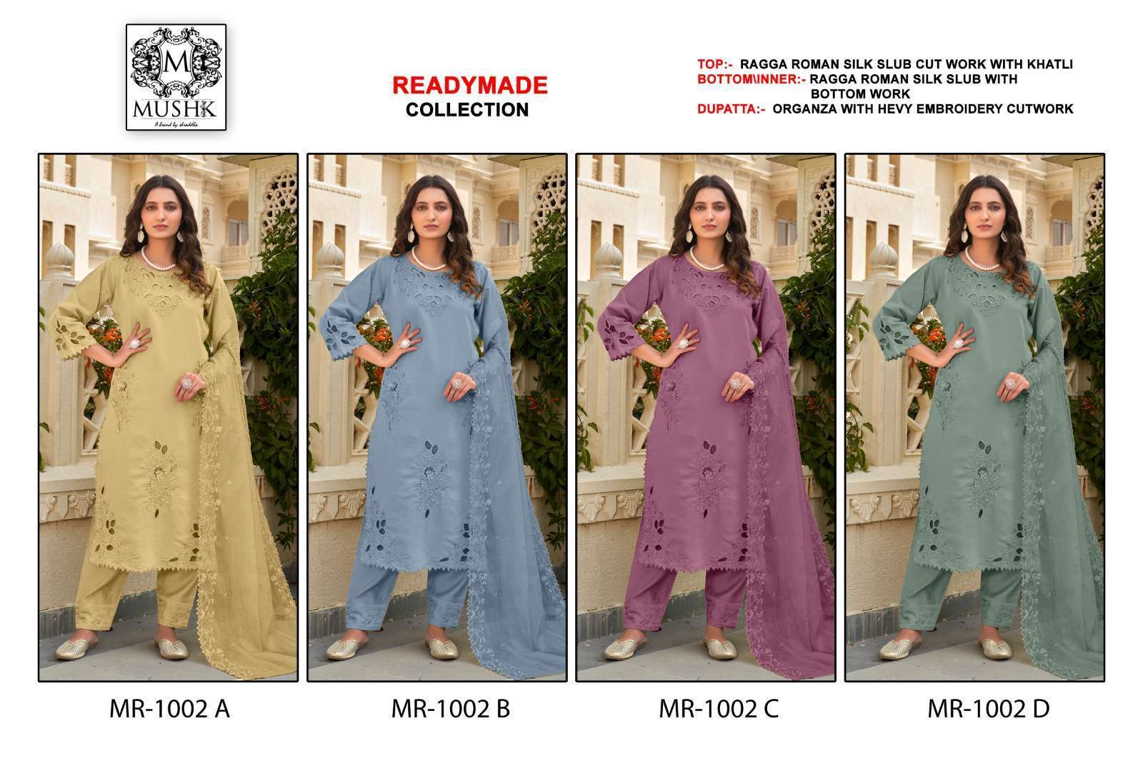 MUSHQ MR 1002 COLORS ROMAN SILK PARTY WEAR READYMADE PAKISTANI SUIT WHOLESALER 2025