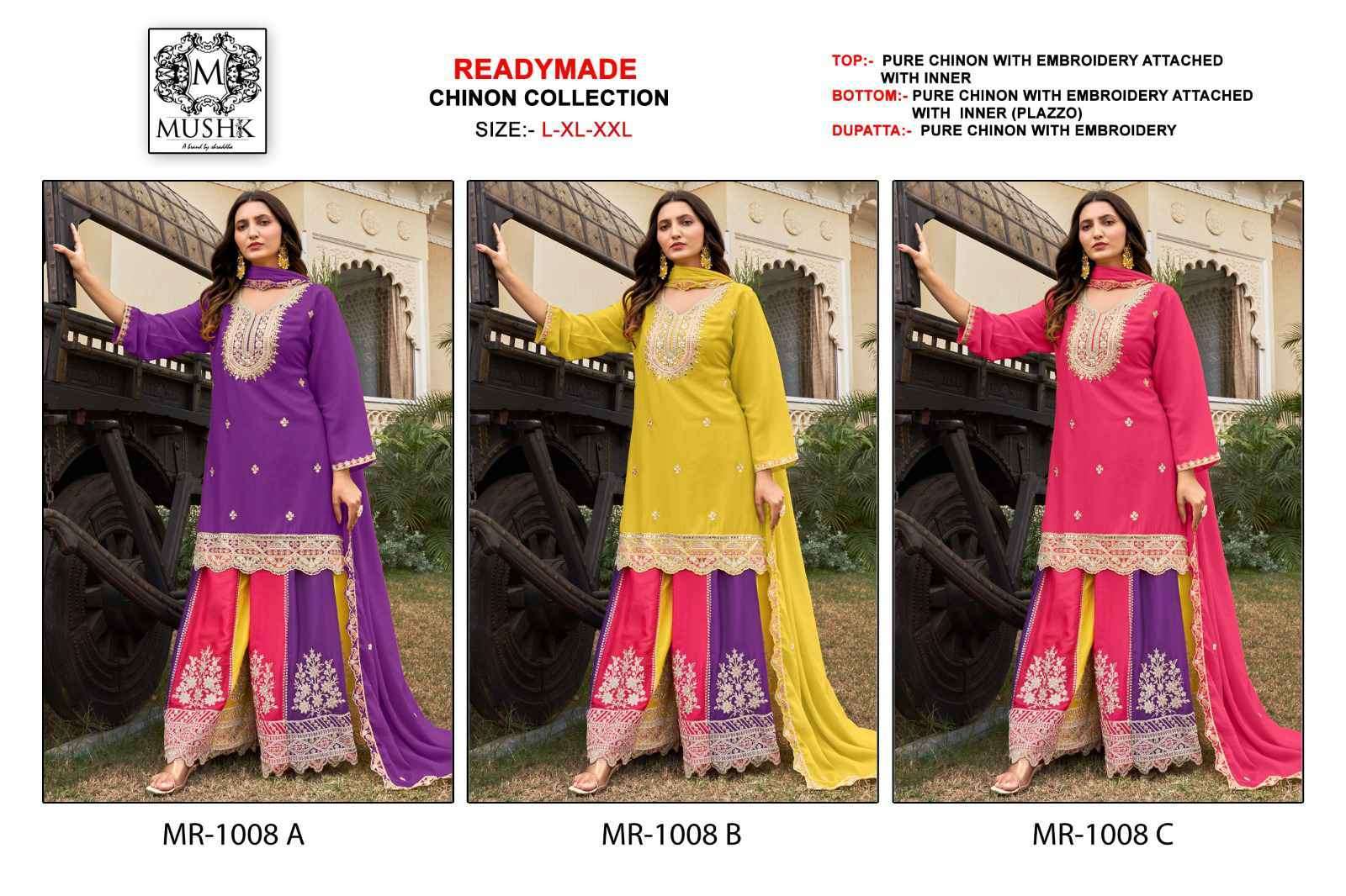 MUSHQ MR 1008 COLORS PURE CHINON READYMADE PARTYWEAR DRESS COLLECTION BEST RATE EXPORTER 2025