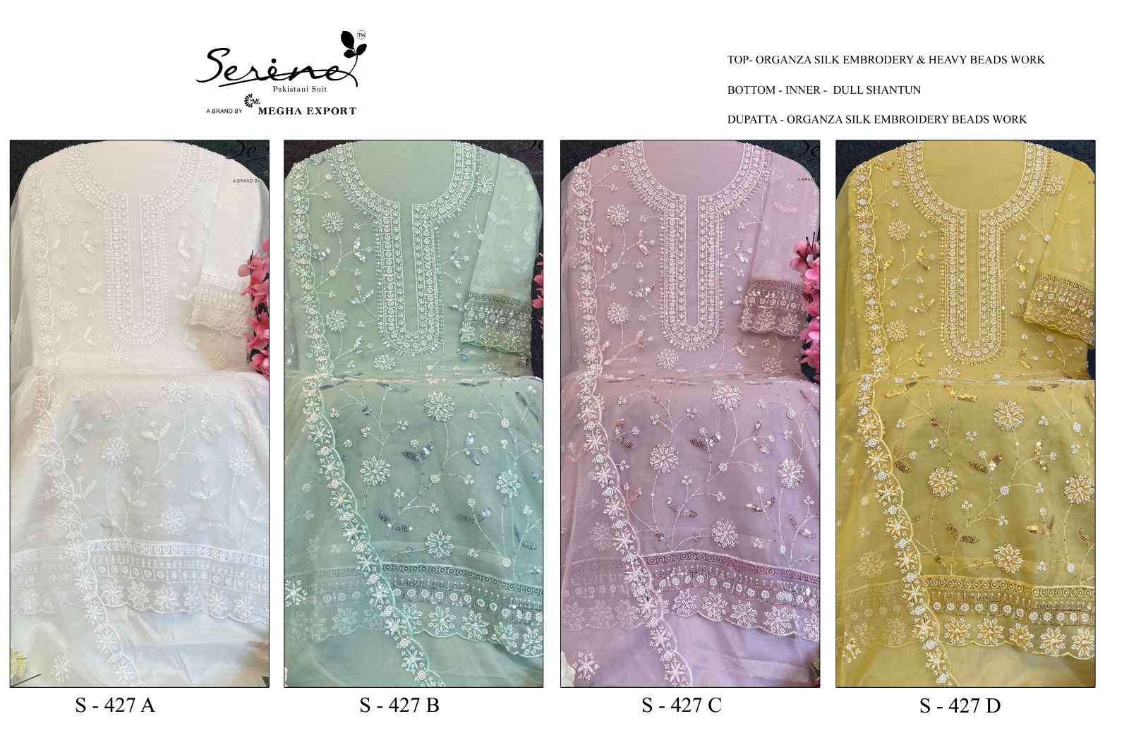 SERINE S 427 COLORS PAKISTANI ORGANZA SUIT CATALOGE SUPPLIER 2025