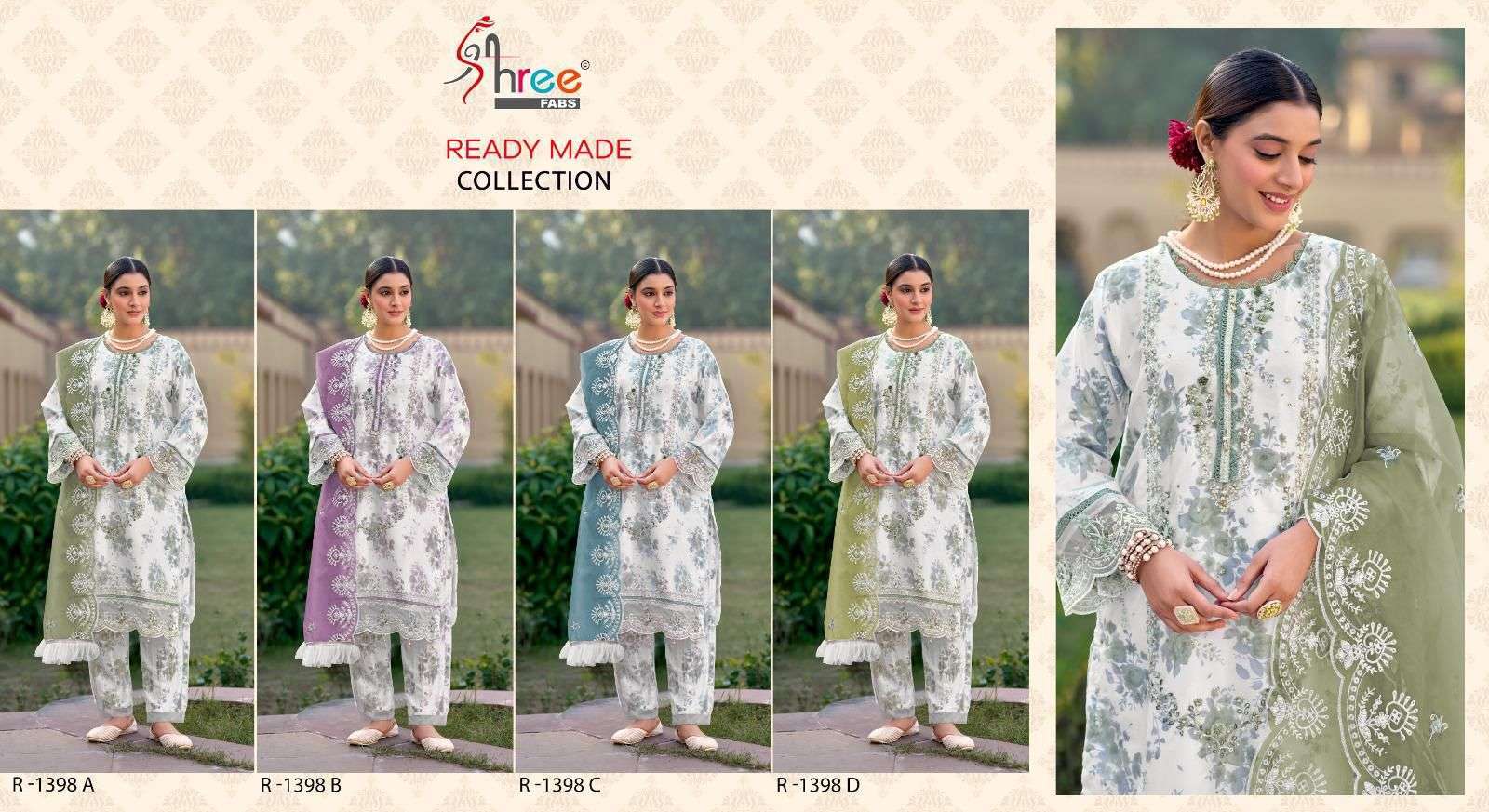 SHREE FAB R 1398 COLORS HEAVY ORGANZA PAKISTANI READYMADE SUIT WHOLESALER 2025