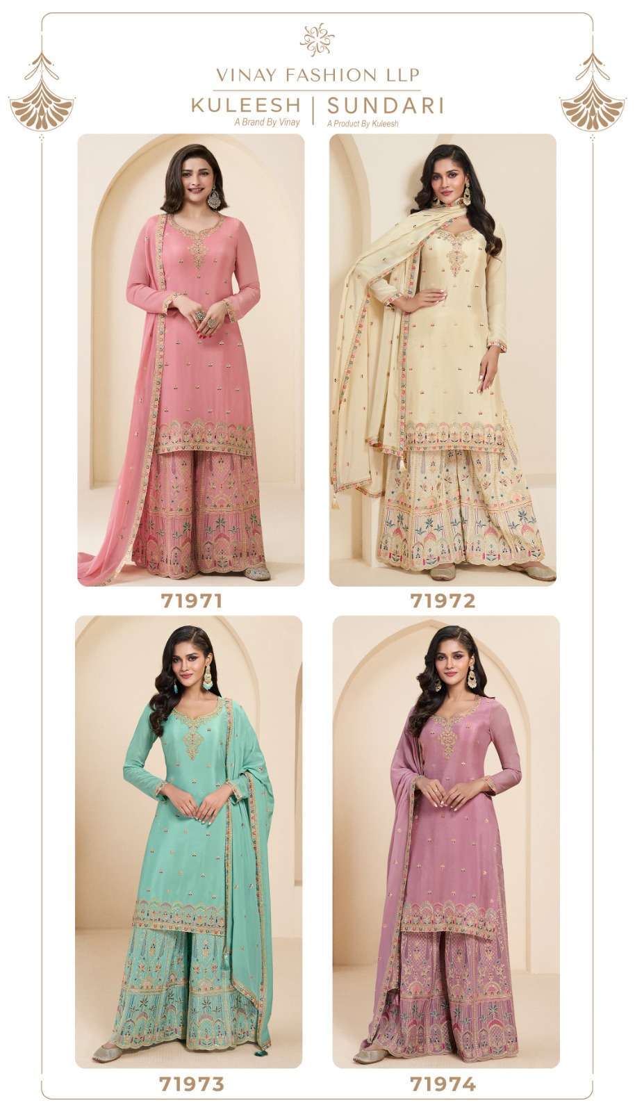 VINAY FASHION KULEESH SUNDARI SHARARA STYLE CHINON SUIT CATALOG EXPORTER 2025