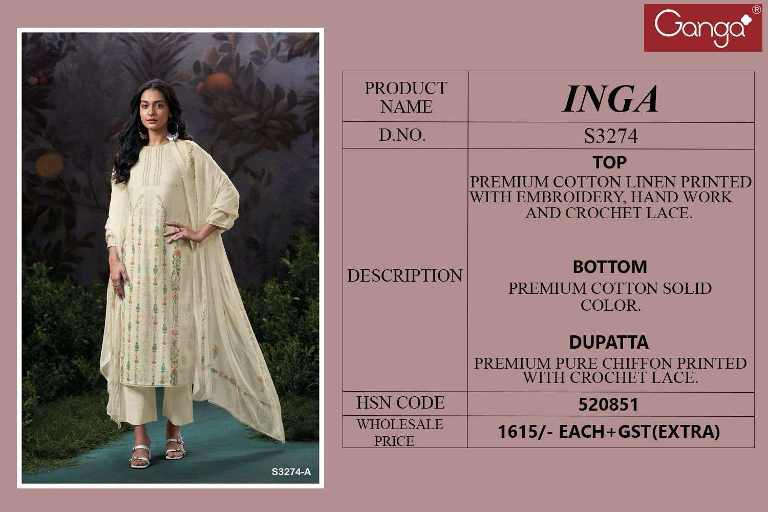 GANGA FASHION INGA 3274 COTTON LINEN SUIT CATALOGUE BEST RATE DEALER 2025