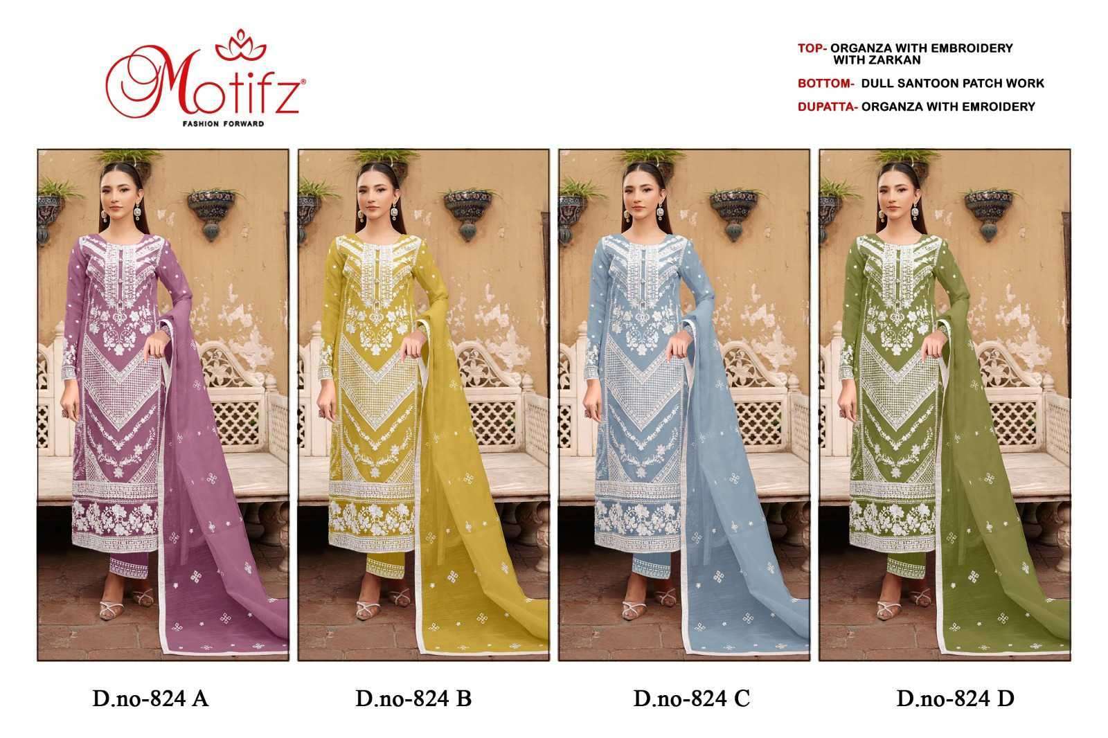 MOTIFZ D 824 COLORS FANCY ORGANZA PAKISTANI SUIT COLLECTION BEST RATE DEALER 2025