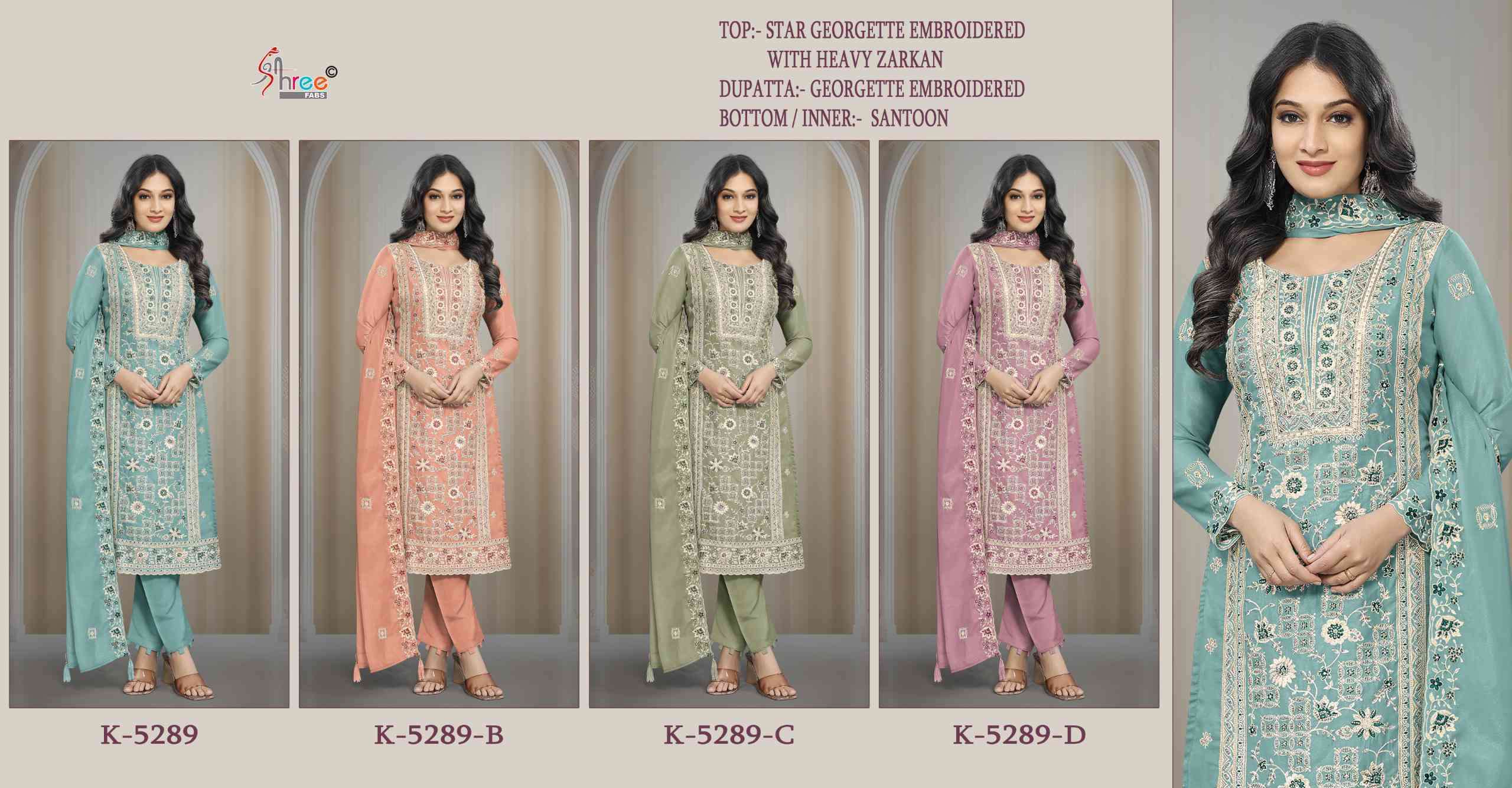 SHREE FAB K 5289 COLORS HEAVY EMBROIDERED SUIT WHOLESALER IN SURAT 