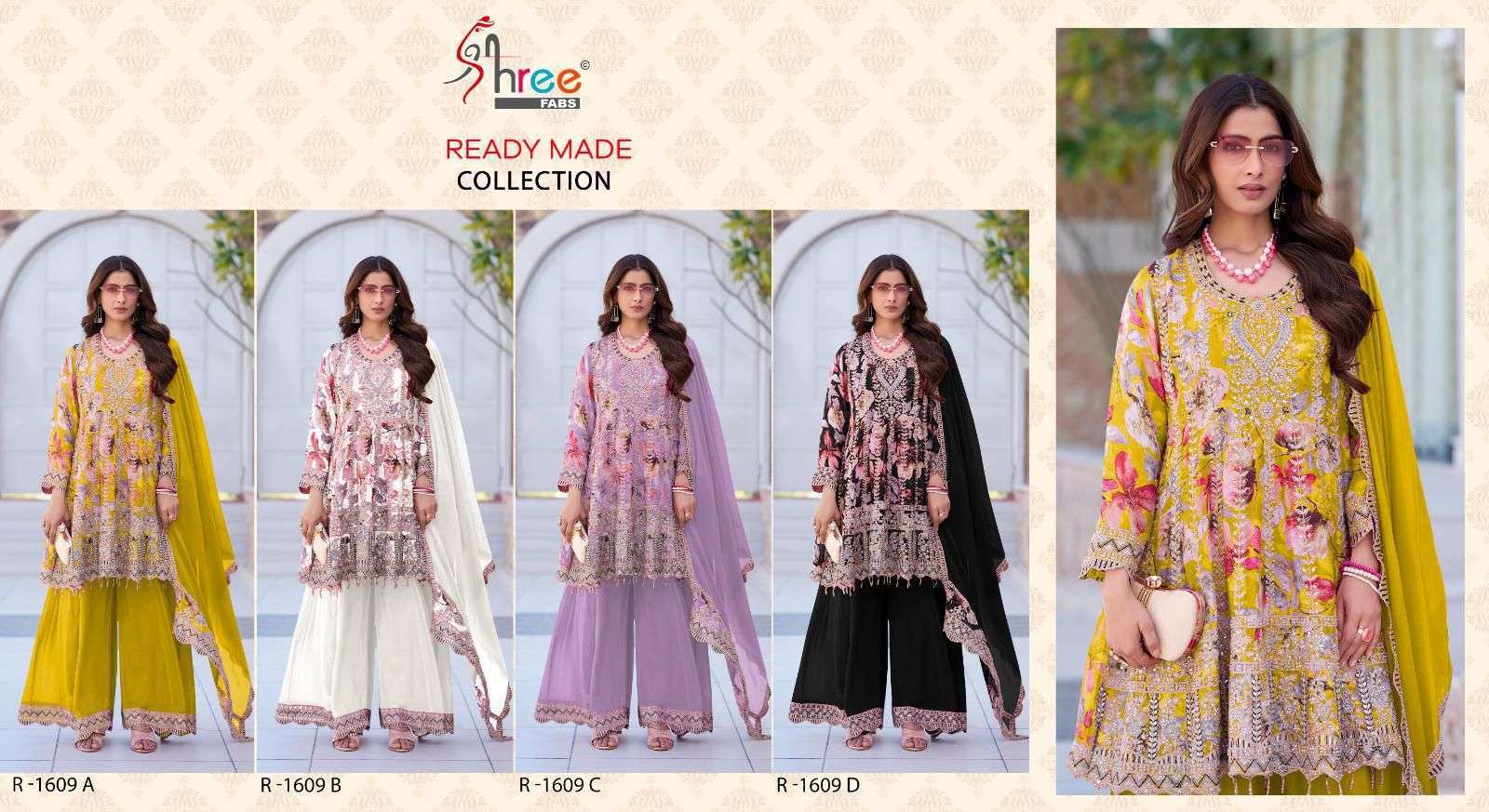 SHREE FAB R 1609 COLORS PEPLUM STYLE PALAZZO SUIT PARTYWEAR COLLECTION BEST RATE DEALER 2025