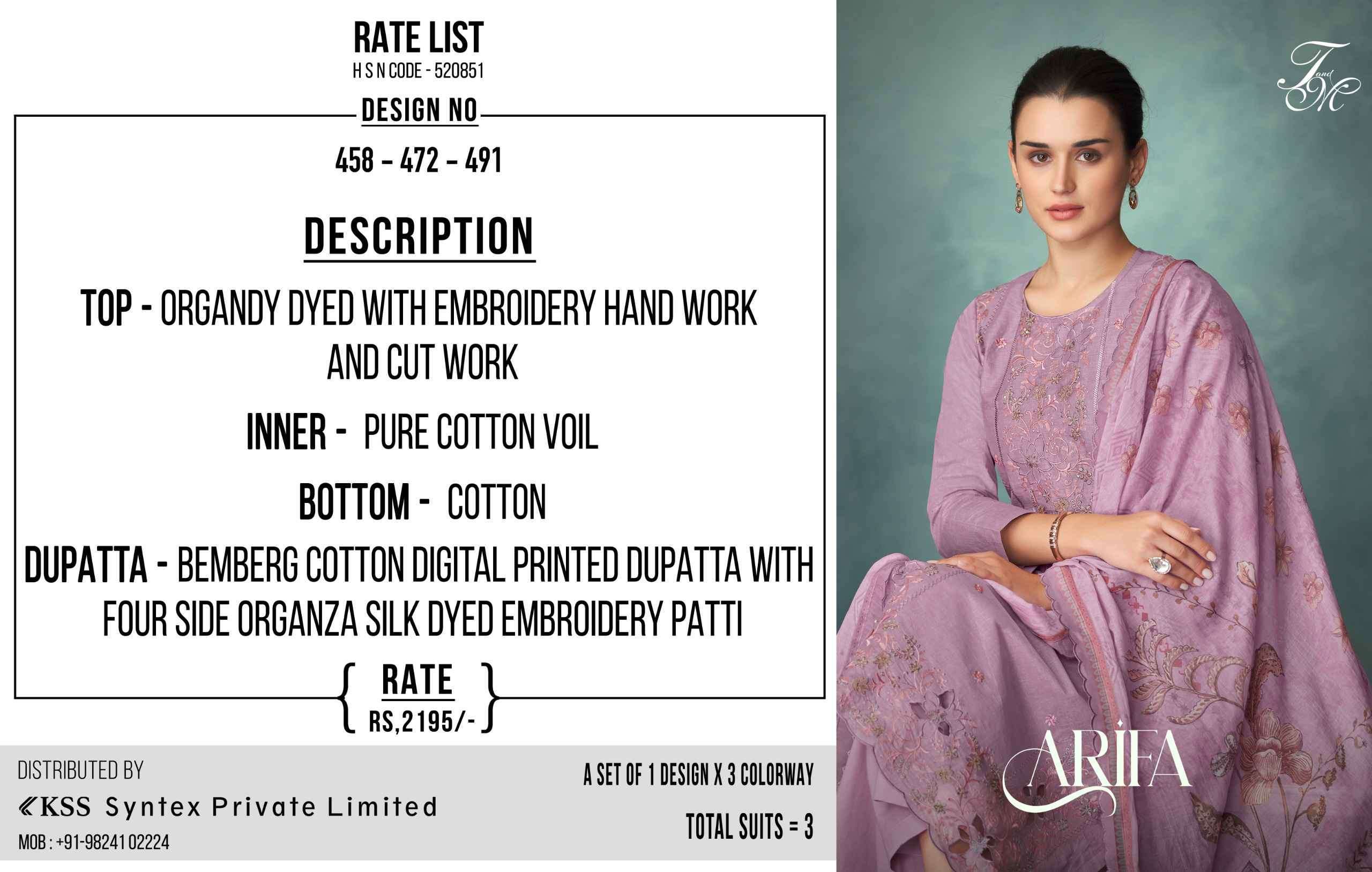 T AND M DESIGNER ARIFA ORGANDY SUIT CATALOG WHOLESALER 2025