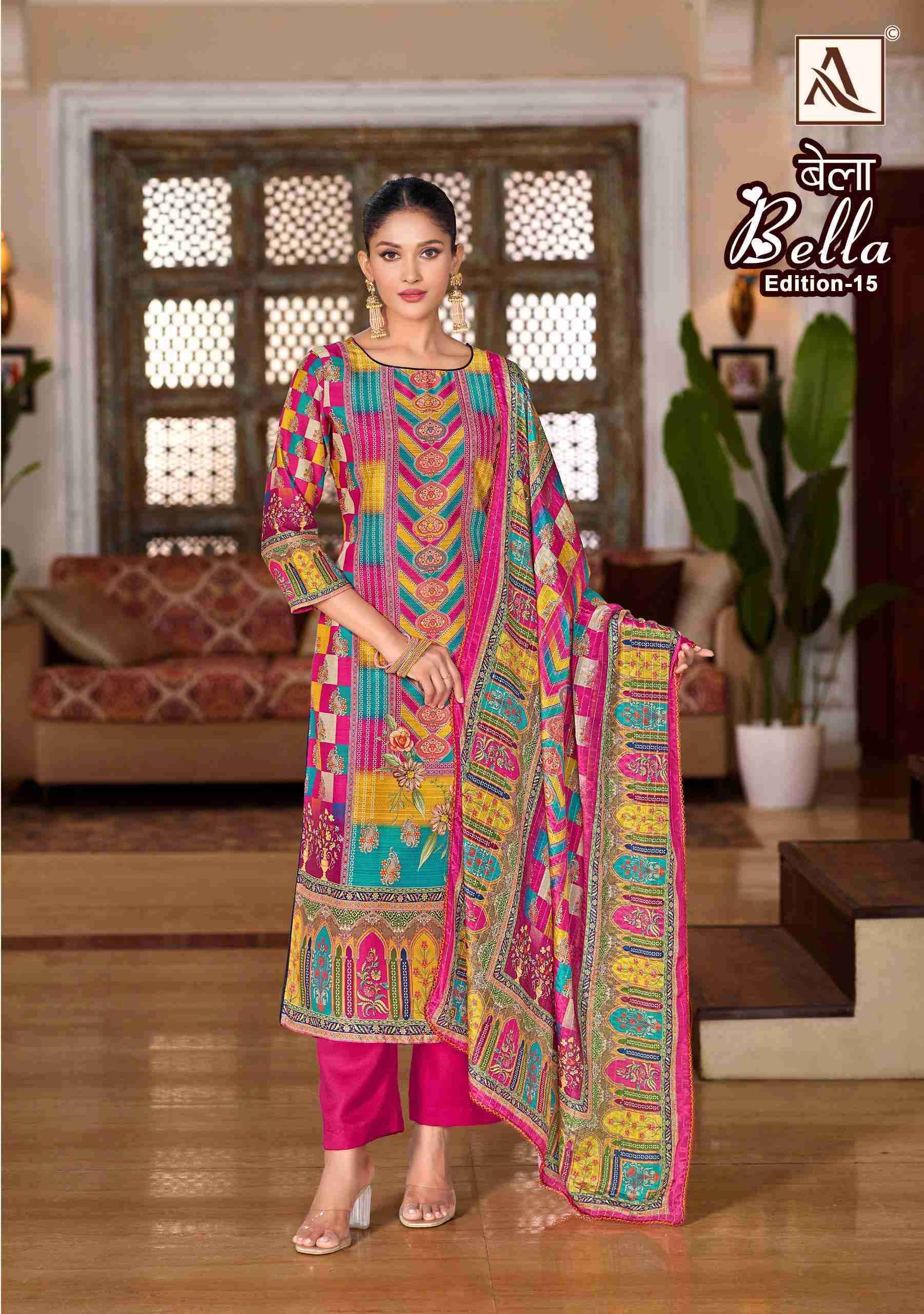 ALOK SUIT BELLA EDITION 15 PURE MUSLIN LADIES SUIT CATALOG EXPORTER IN SURAT 