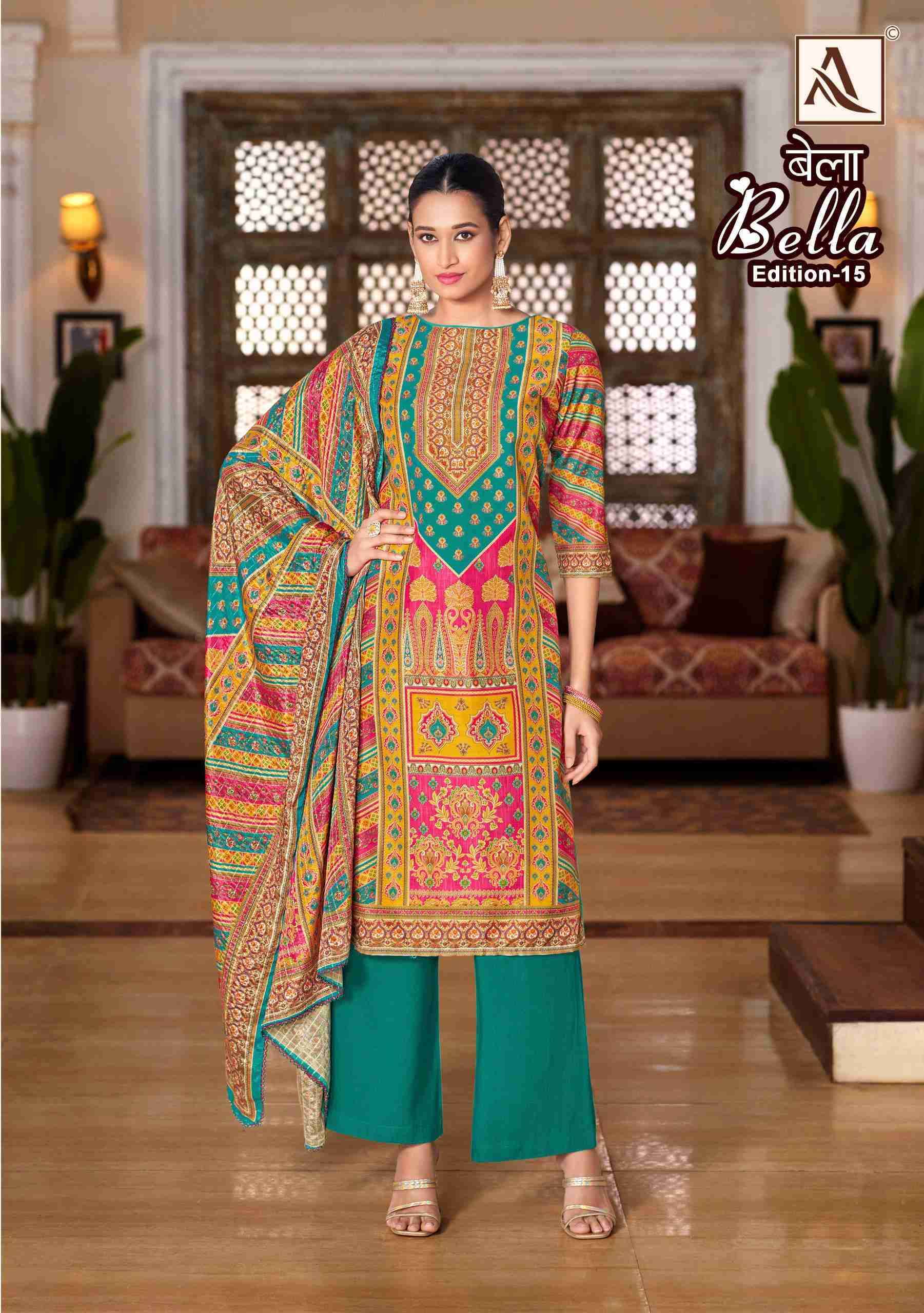 ALOK SUIT BELLA EDITION 15 PURE MUSLIN LADIES SUIT CATALOG EXPORTER IN SURAT 