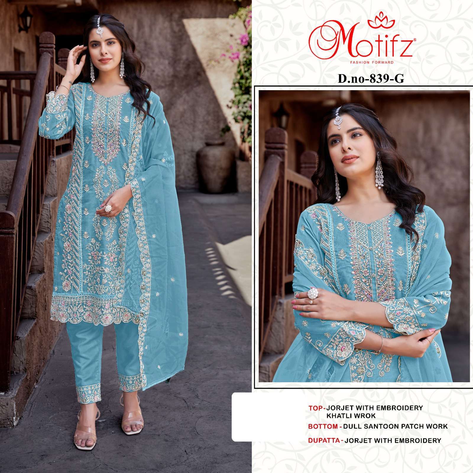 MOTIFZ 839 COLORS HEAVY WORK PAKISTANI GEORGETTE SUIT WHOLESALER 