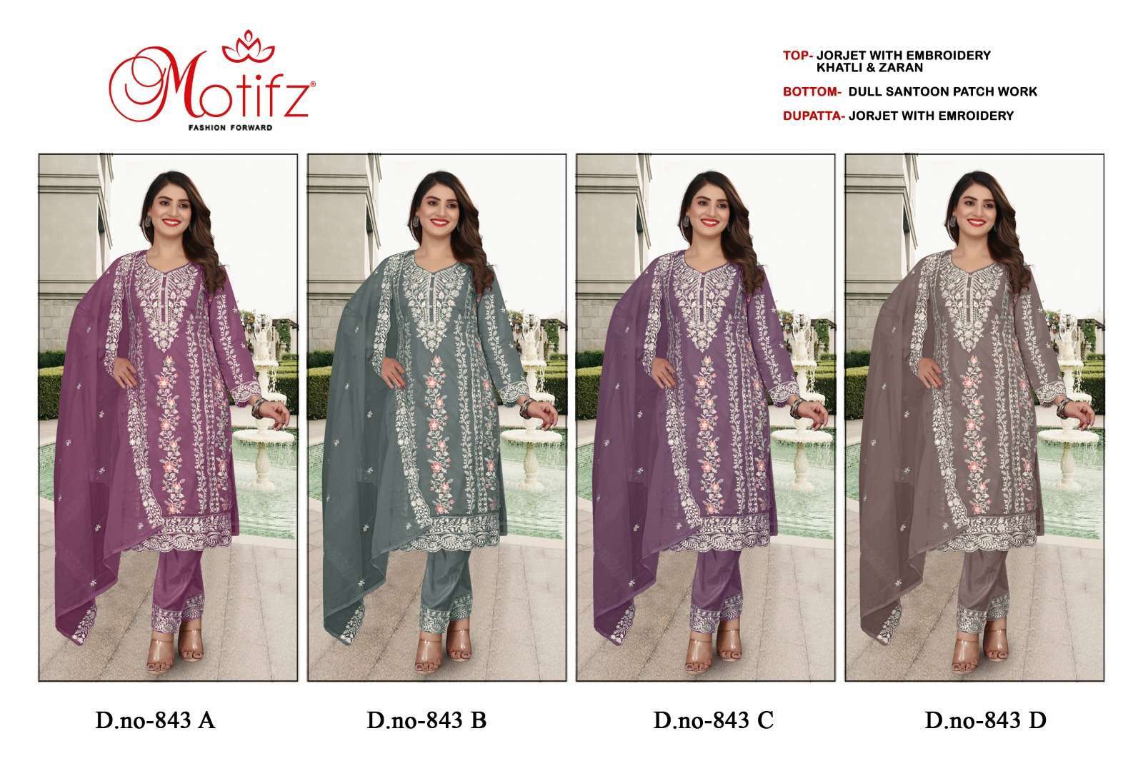 MOTIFZ 843 COLORS HEAVY WORK PAKISTANI GEORGETTE SUIT WHOLESALER 