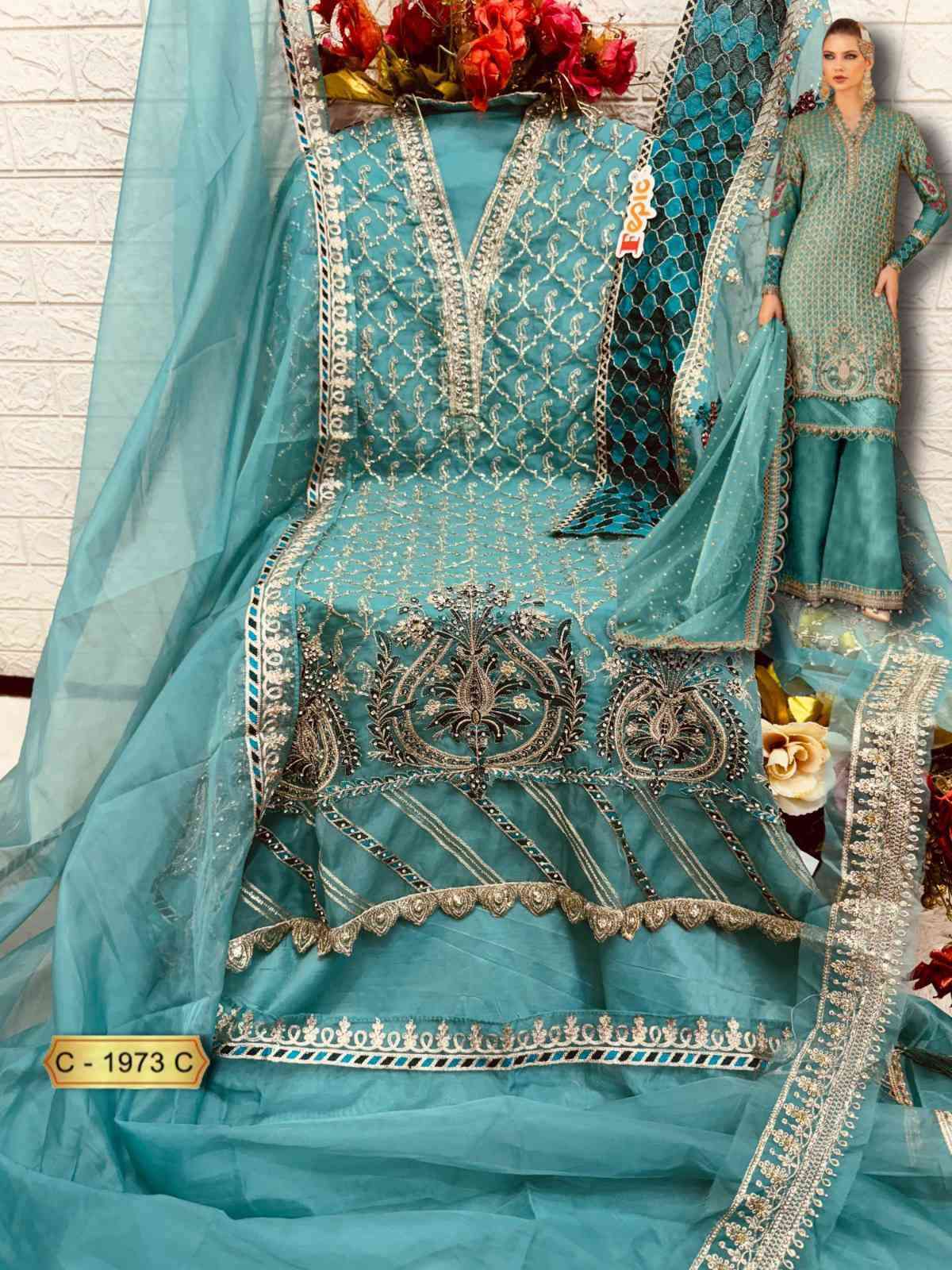 FEPIC C 1973 COLORS ORGANZA EMBROIDERY WORK PAKISTANI SUIT WHOLESALER 2025