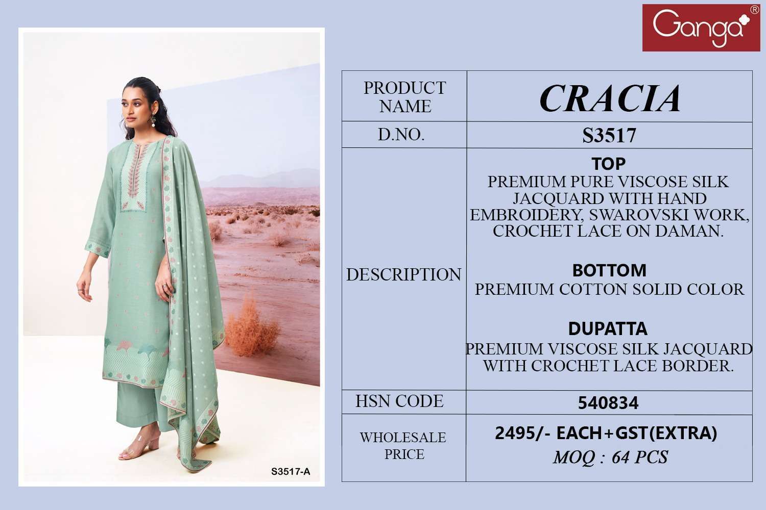 GANGA FASHION CRACIA 3517 VISCOSE SILK SALWER KAMEEZ CATALOGUE WHOLESALER 