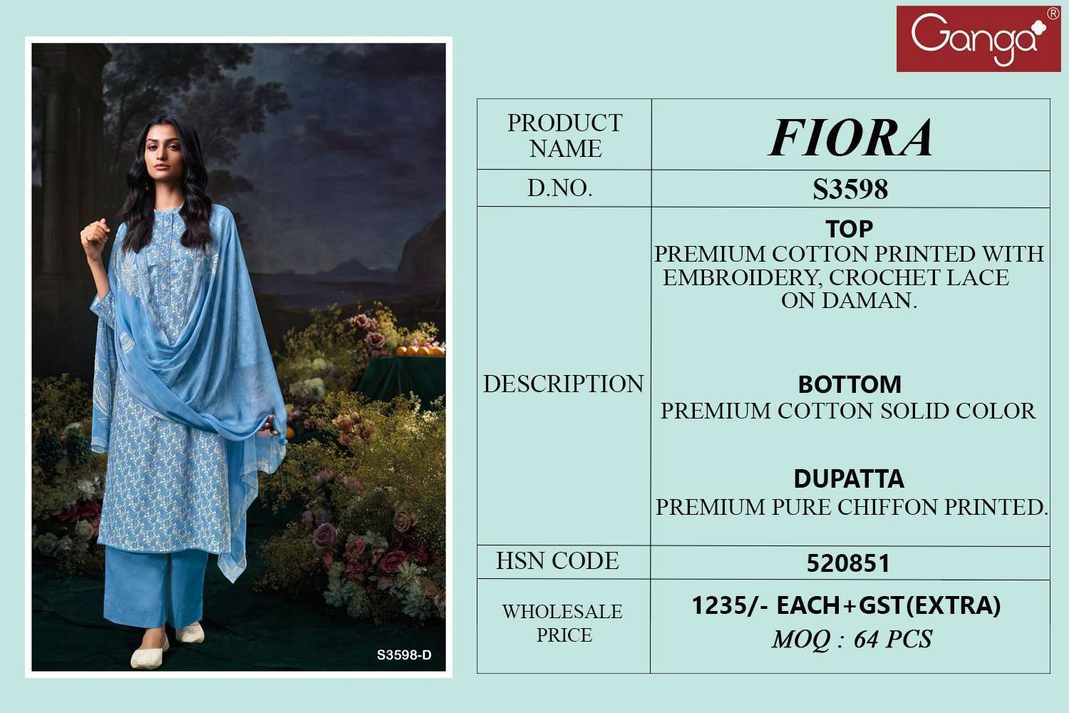 GANGA FLORA 3598 COLORS COTTON PRINTED SALWER KAMEEZ CATALOG EXPORTER 