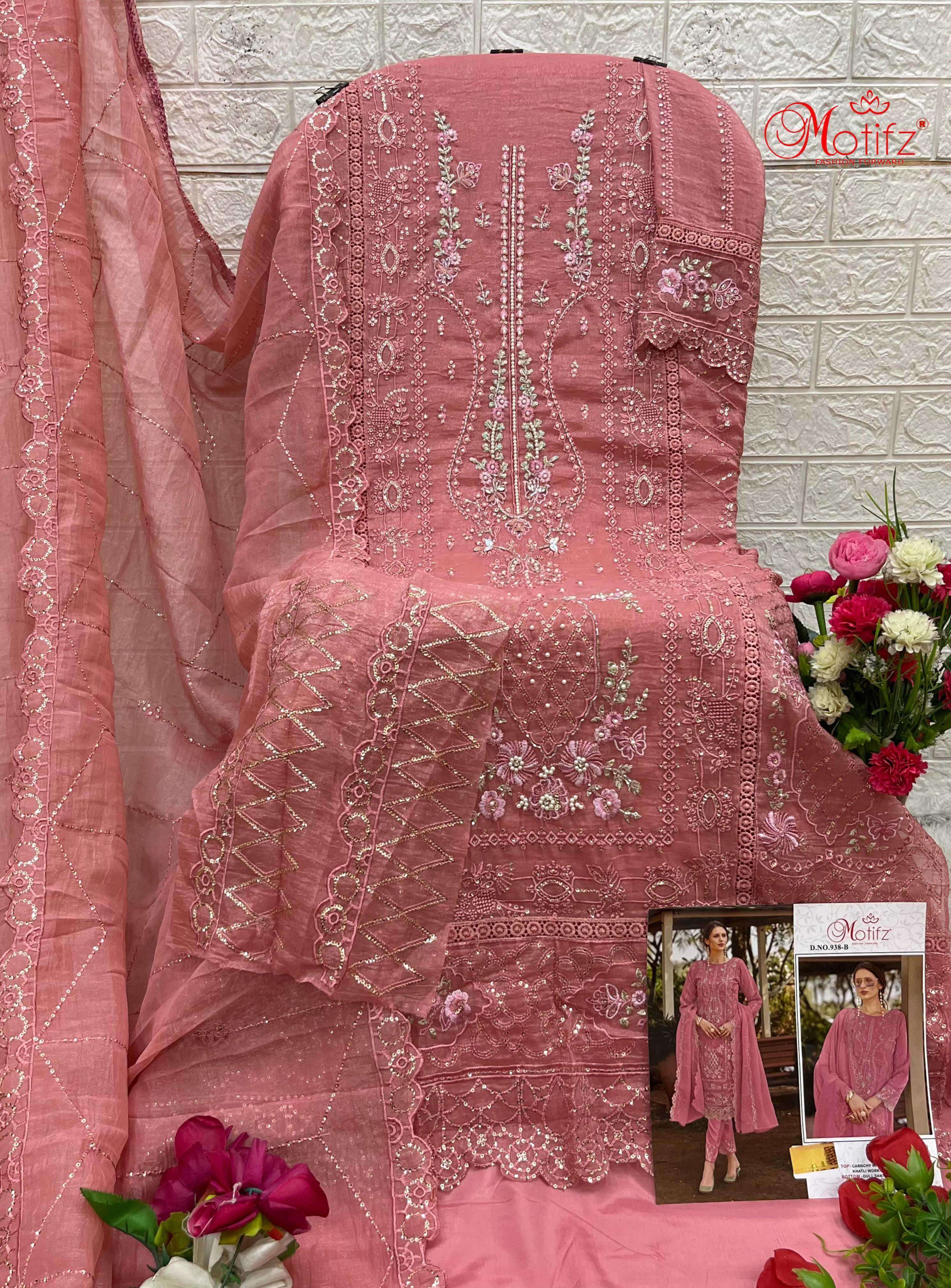 MOTIFZ D 938 COLORS ORGANZA EMBROIDERY WORK PAKISTANI SUIT WHOLESALER 2025