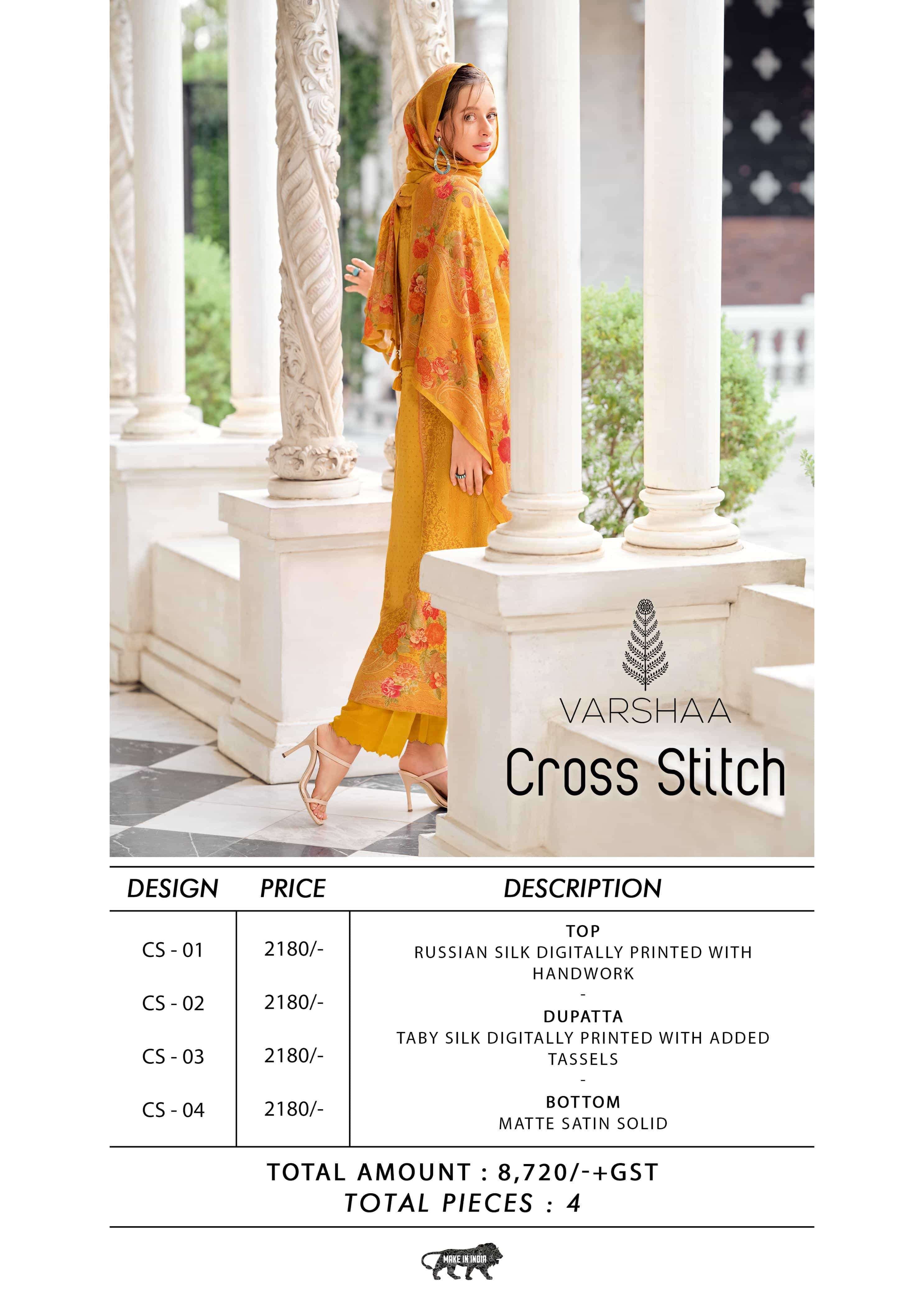 VARSHA FASHION CROSS STITCH RUSSIAN SILK PRINTED SALWER KAMEEZ CATALOGUE EXPORTER 