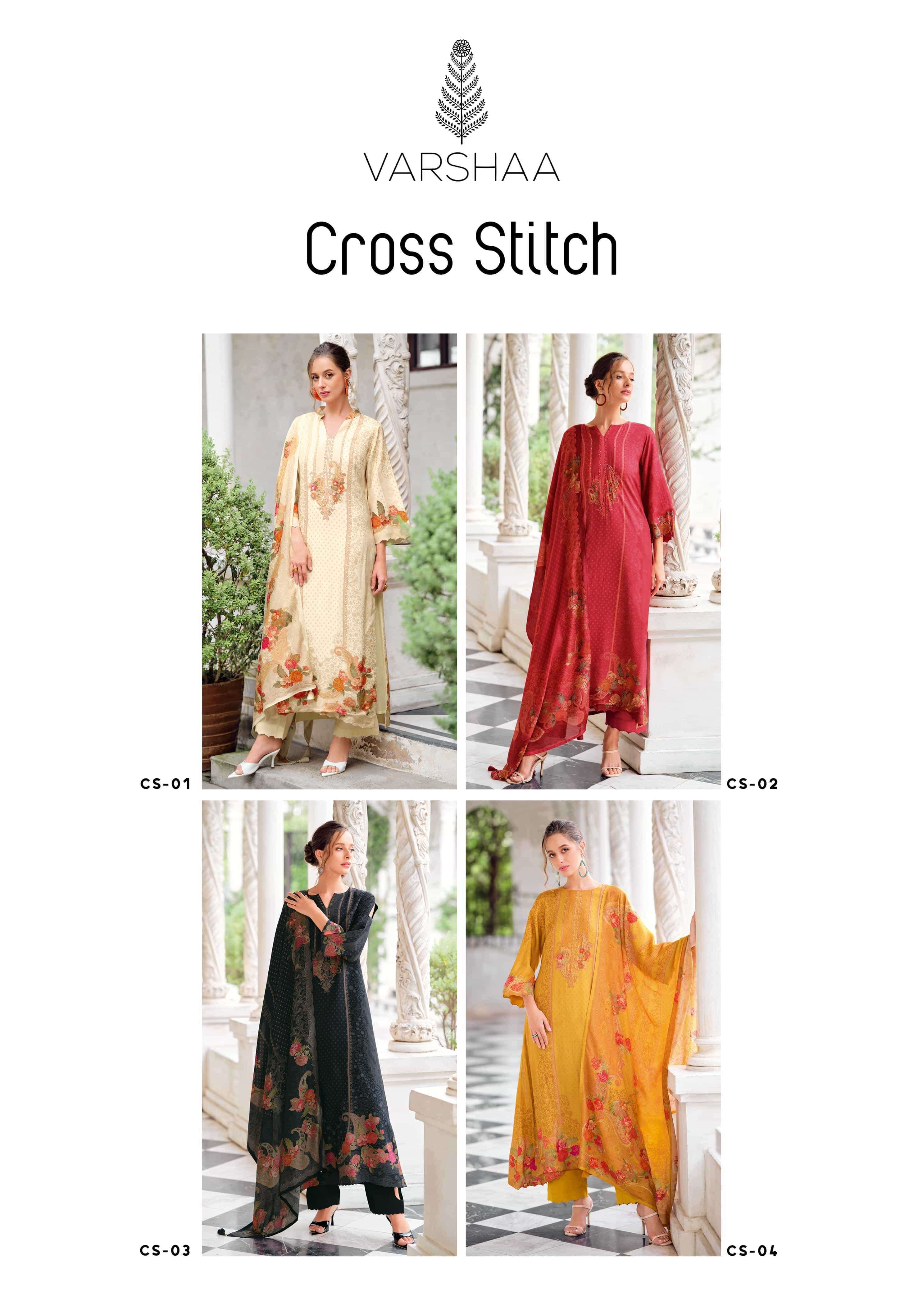 VARSHA FASHION CROSS STITCH RUSSIAN SILK PRINTED SALWER KAMEEZ CATALOGUE EXPORTER 