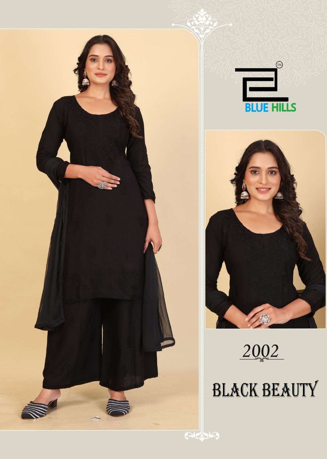 BLUE HILLS BLACK BEAUTY FANCY 3 PIECE PALAZZO SUIT CATALOGUE BEST RATE DEALER 