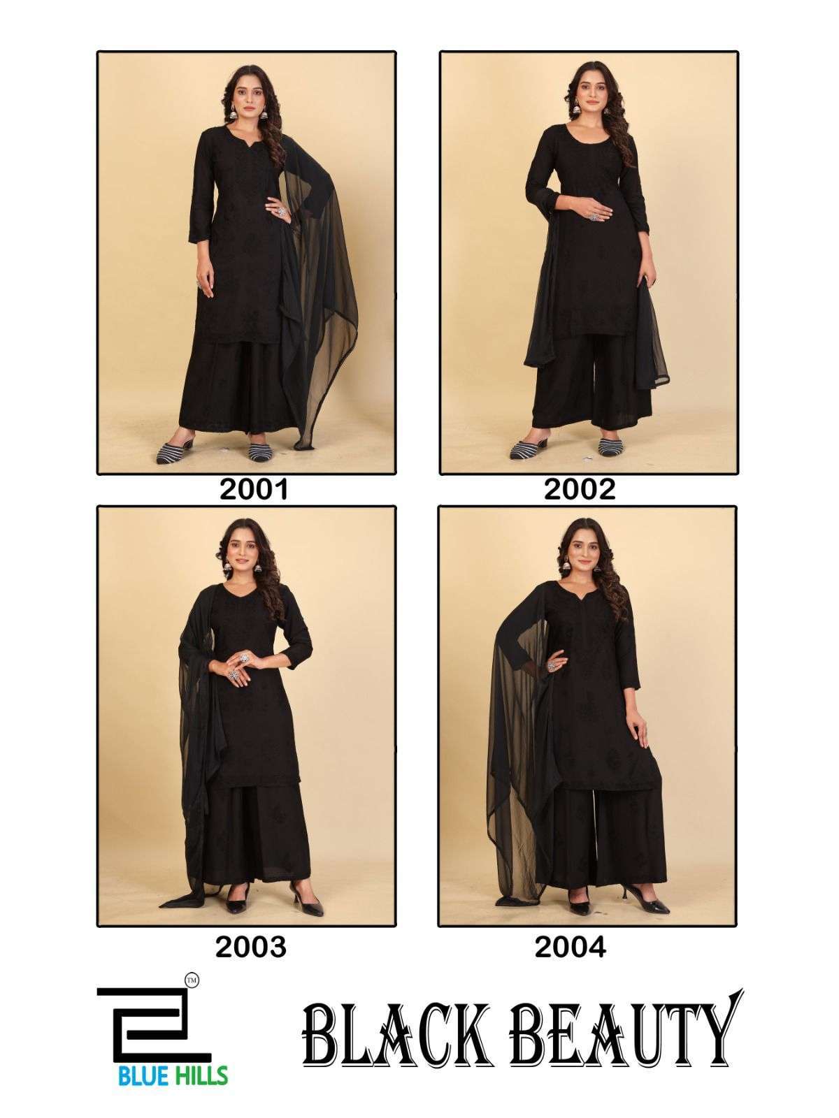 BLUE HILLS BLACK BEAUTY FANCY 3 PIECE PALAZZO SUIT CATALOGUE BEST RATE DEALER 