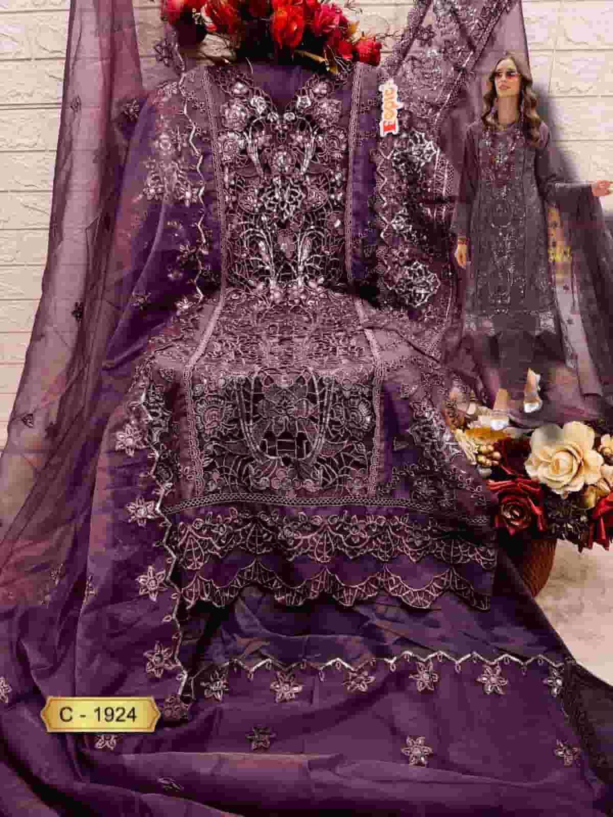 FEPIC C 1924 COLORS PAKISTANI DESIGNER ORGANAZ EMBROIDERY SUIT WHOLESALER