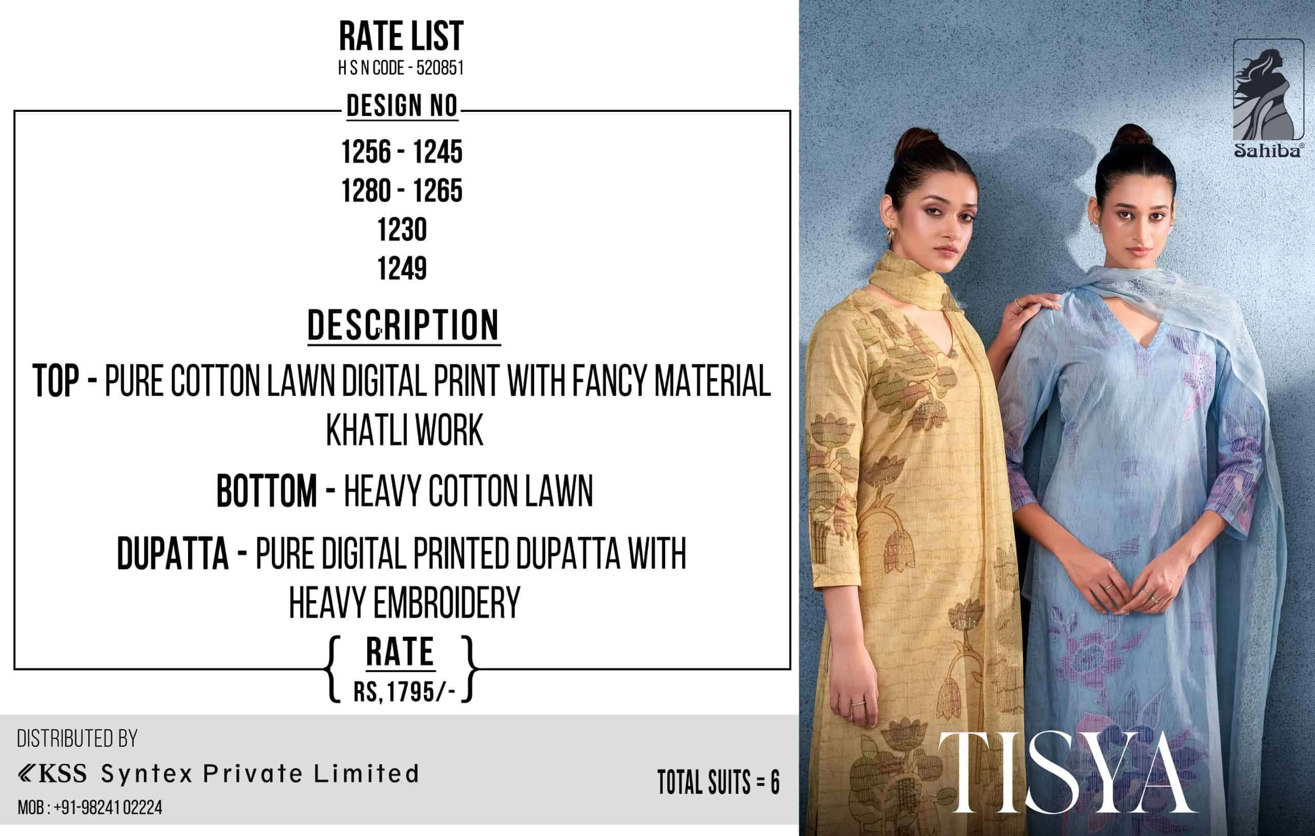 SAHIBA LATEST CATALOGUE TISYA PURE COTTON SALWER SUIT WHOLESALER 