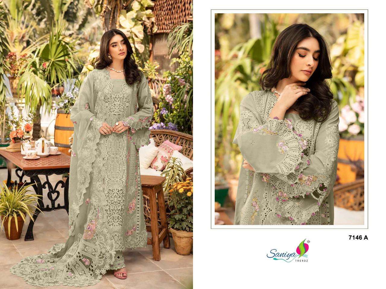 SANIYA TRENDZ 7146 COLORS EMBROIDERY WORK COTTON SUIT WHOLESALER 
