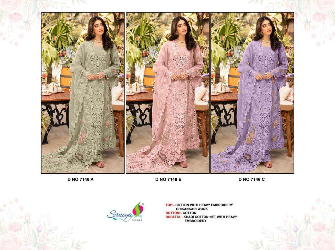 SANIYA TRENDZ 7146 COLORS EMBROIDERY WORK COTTON SUIT WHOLESALER 