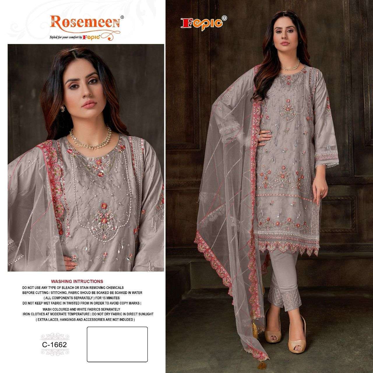 FEPIC C 1662 COLOR ORGANZA PAKISTANI EMBROIDERY WORK SUIT COLLCTION BEST RATE 