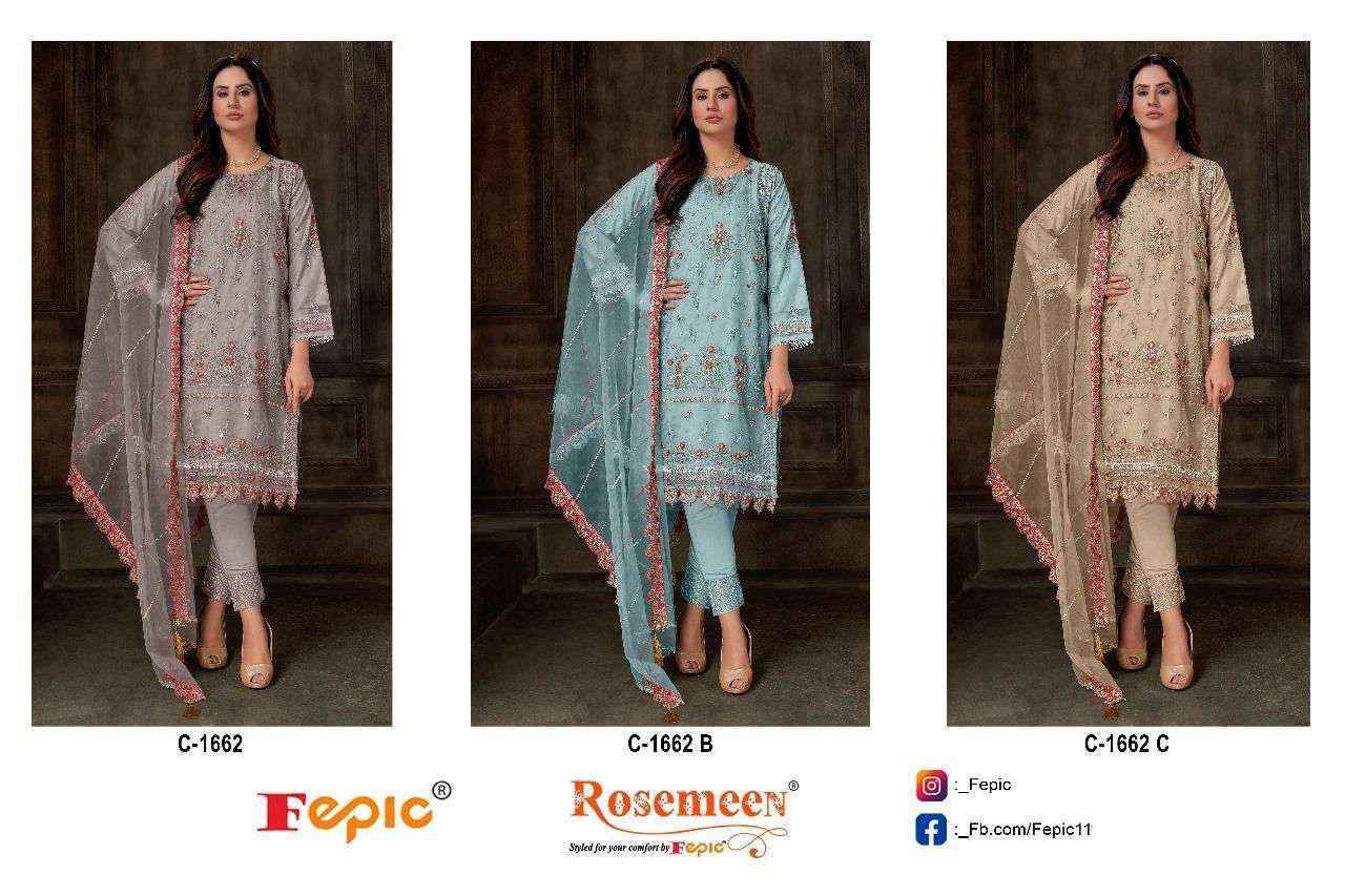 FEPIC C 1662 COLOR ORGANZA PAKISTANI EMBROIDERY WORK SUIT COLLCTION BEST RATE 