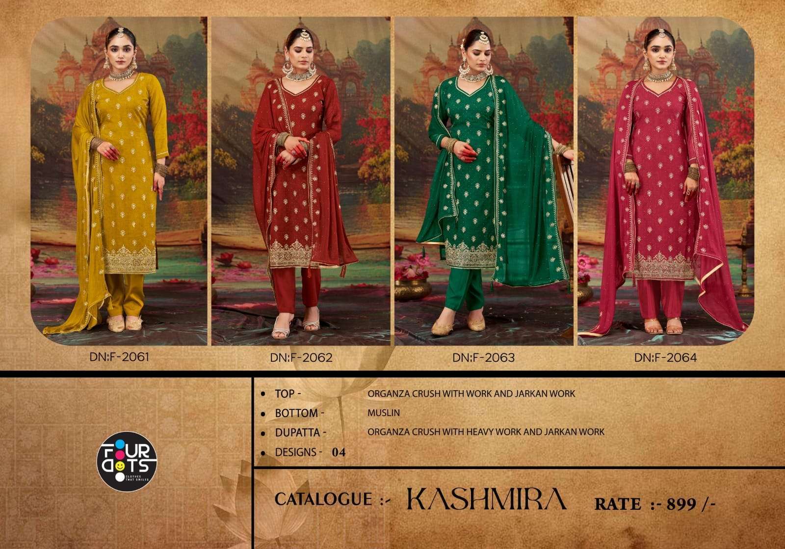 FOURDOTS KASHMIRA DESIGNER WORK ORGANZA SUIT CATALOG WHOLESALER 2025