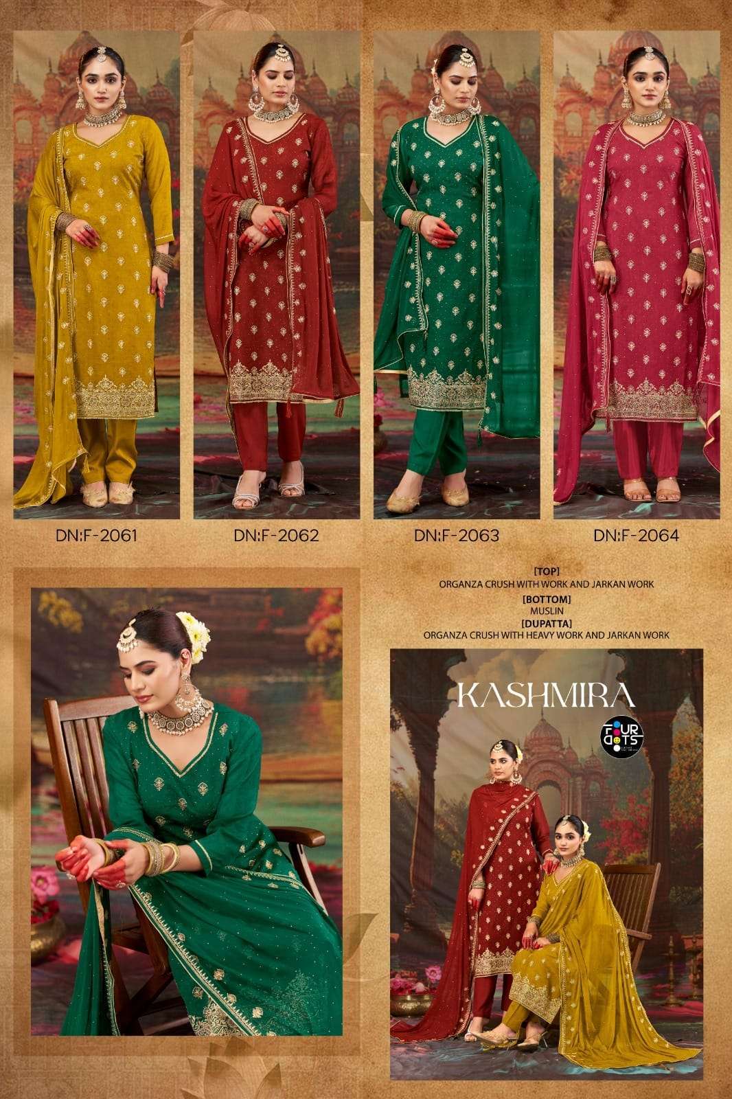 FOURDOTS KASHMIRA DESIGNER WORK ORGANZA SUIT CATALOG WHOLESALER 2025