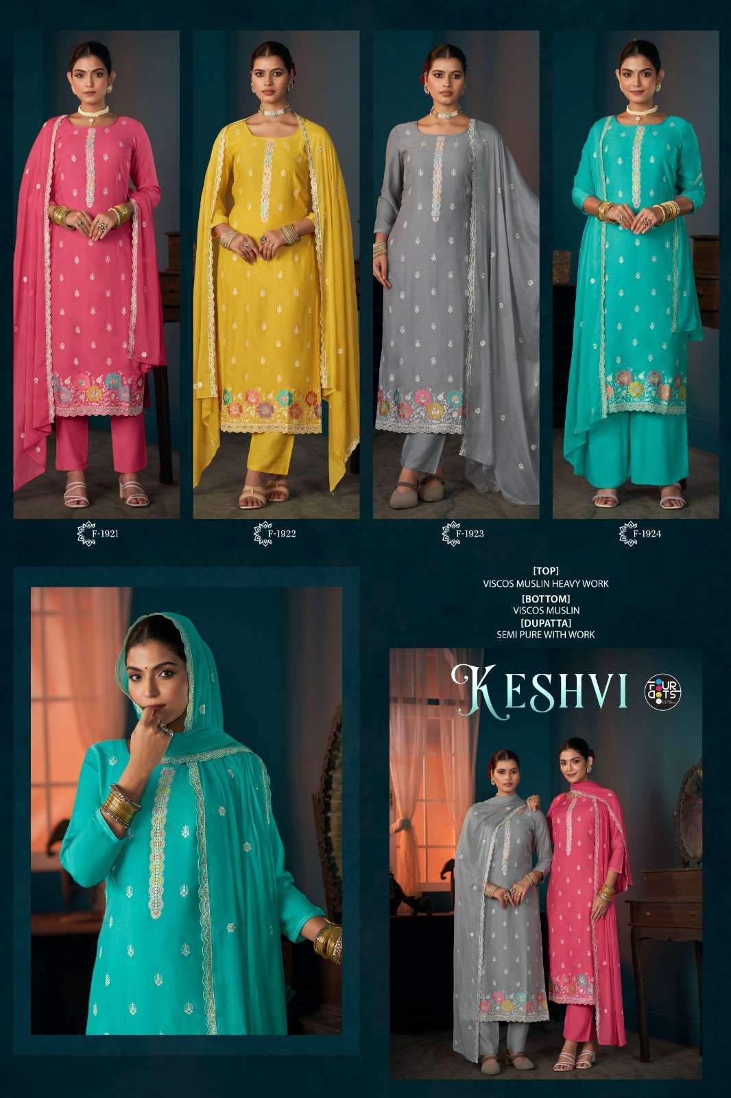 FOURDOTS KESHVI FANCY WORK VISCOSE MUSLIN DRESS CATALOG WHOLESALER 2025