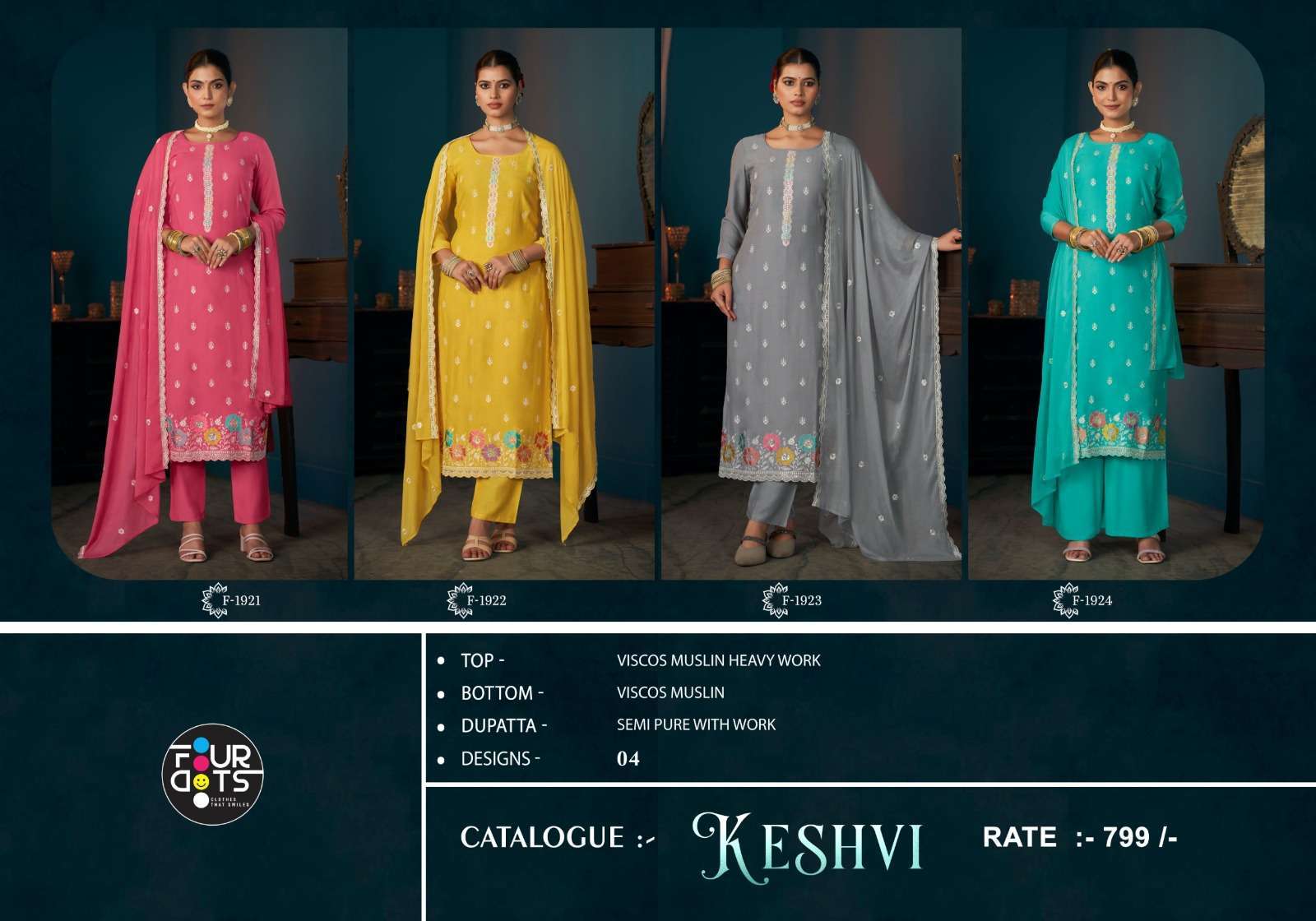 FOURDOTS KESHVI FANCY WORK VISCOSE MUSLIN DRESS CATALOG WHOLESALER 2025