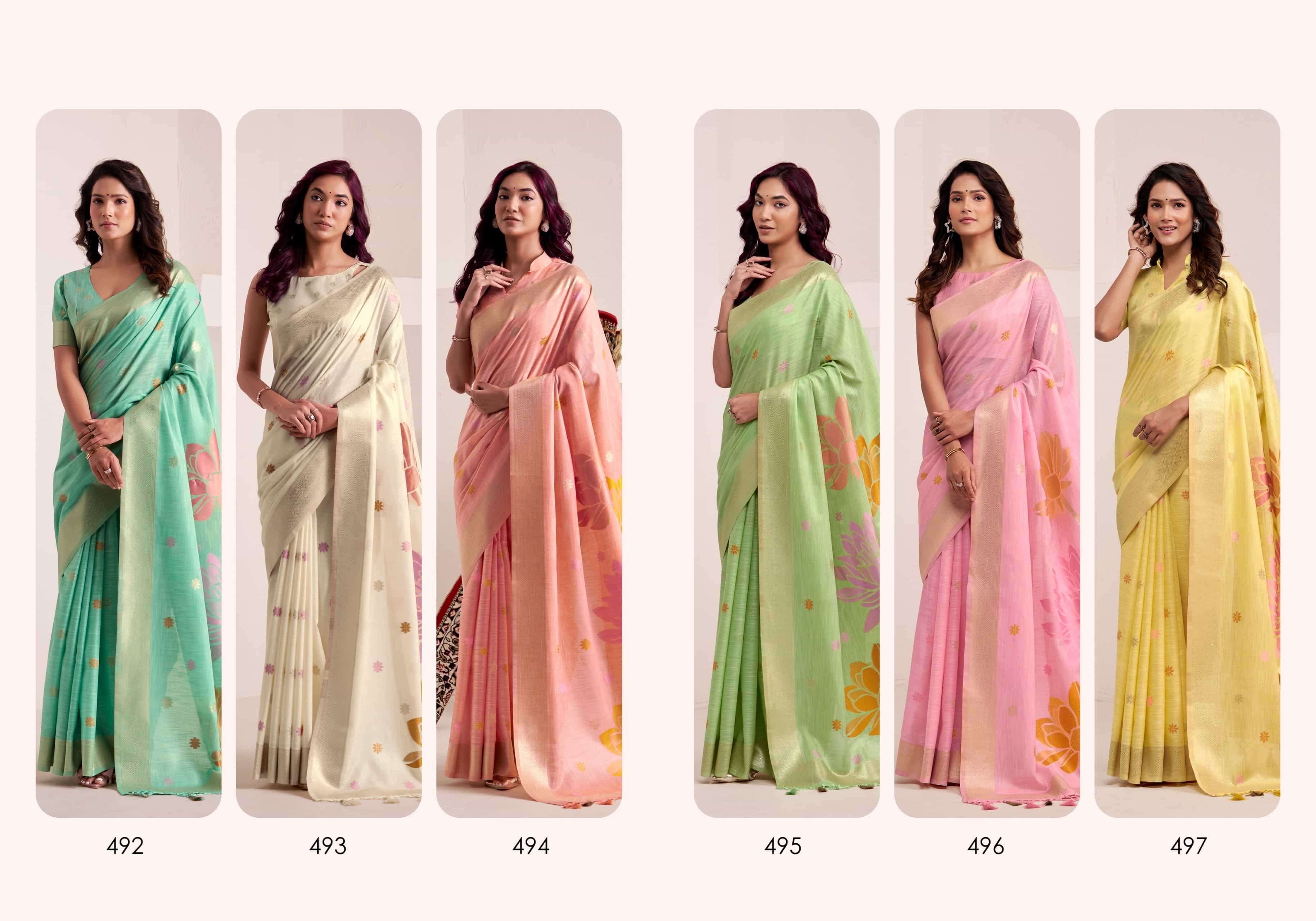 RAJPATH DINAMIC SILK 492 TO 497 LINEN SAREE CATALOGUE WHOLESALER 2025