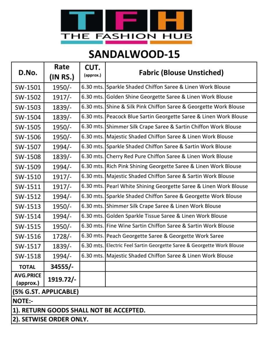 TFH SANDALWOOD VOL 15 1501 TO 1518 PARTYWEAR SAREE CATALOG EXPORTER 