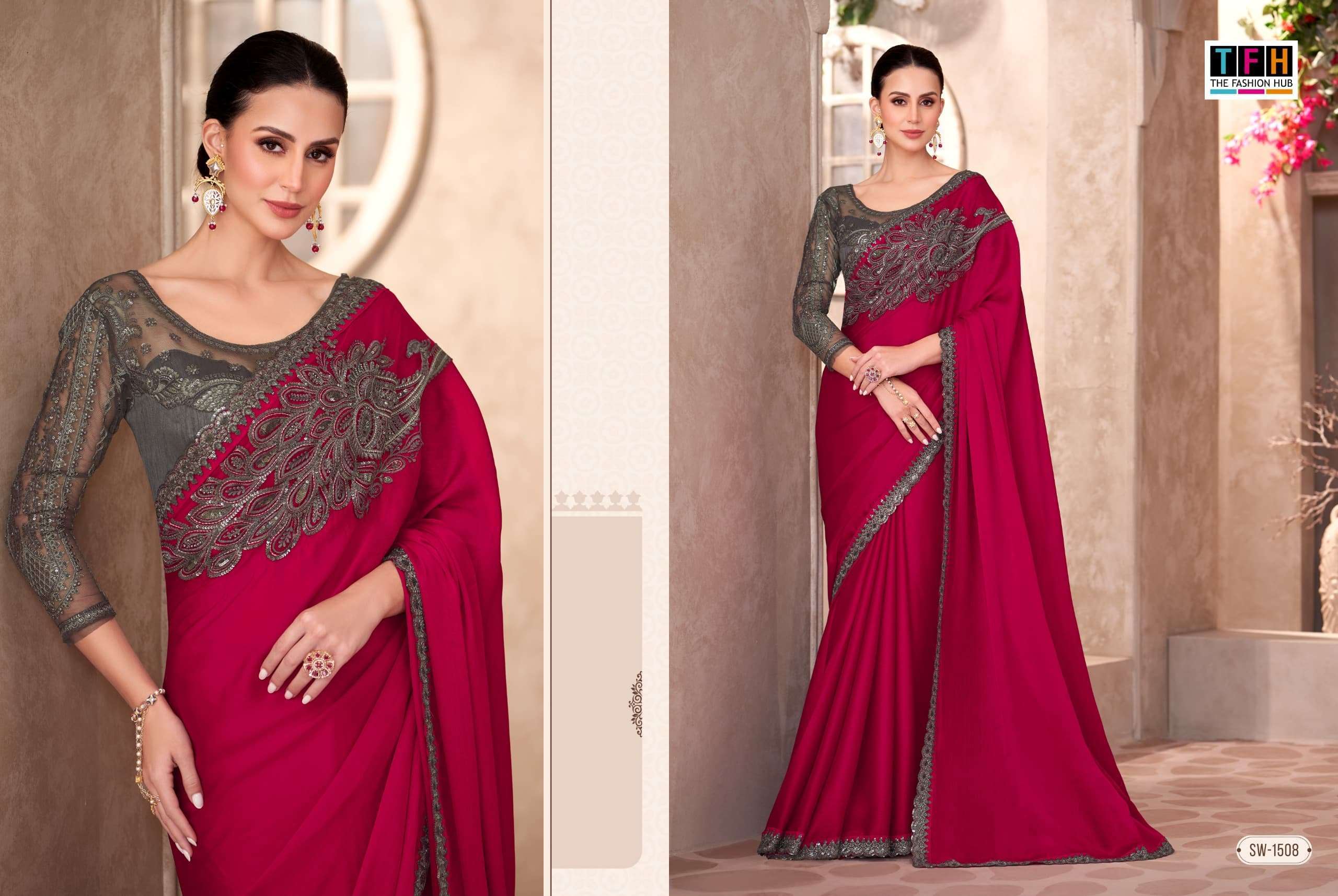 TFH SANDALWOOD VOL 15 1501 TO 1518 PARTYWEAR SAREE CATALOG EXPORTER 