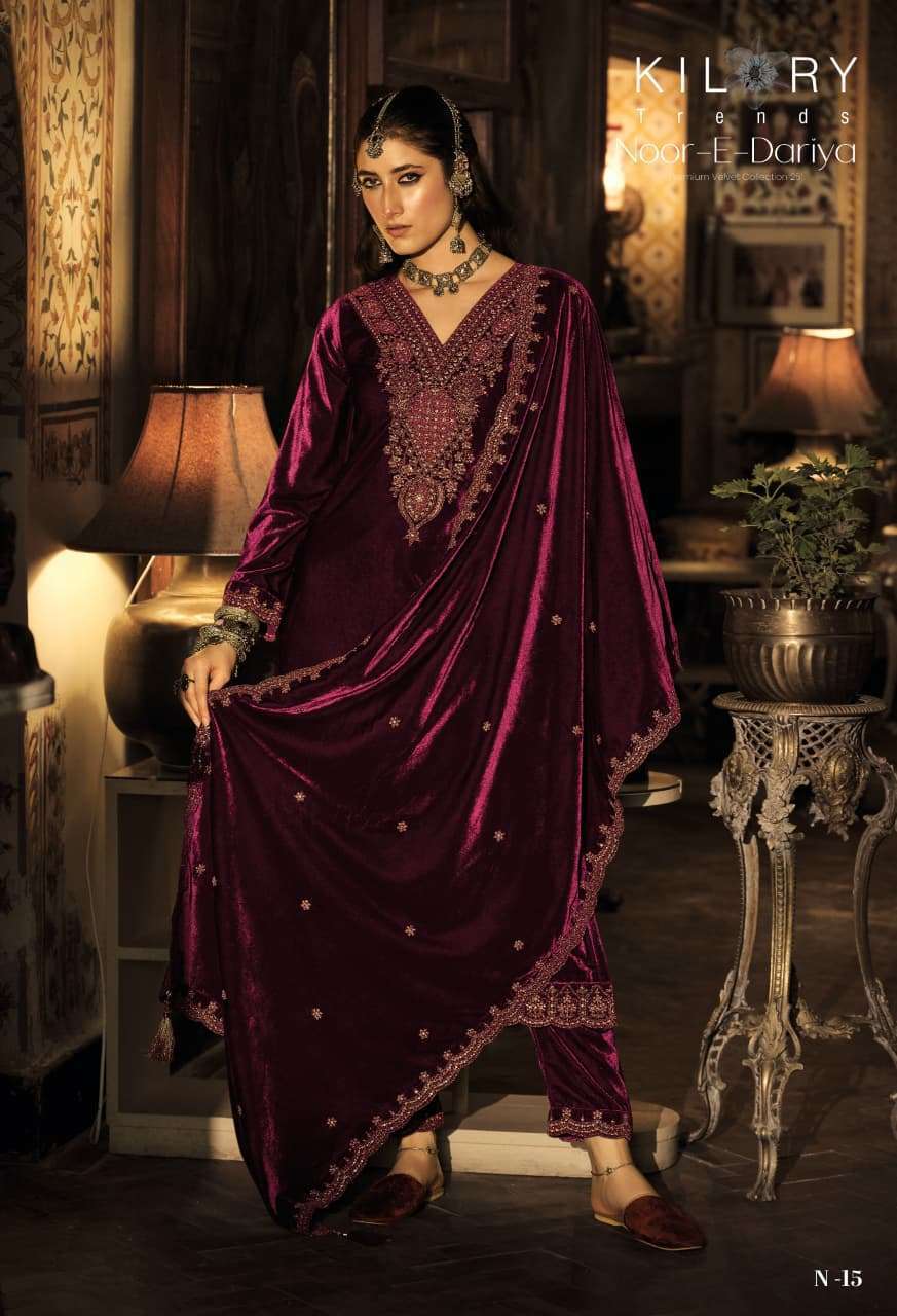 KILORY TRENDZ NOOR E DARIYA PURE VELVET CORDING EMBRODERY SUIT WHOLESALER 