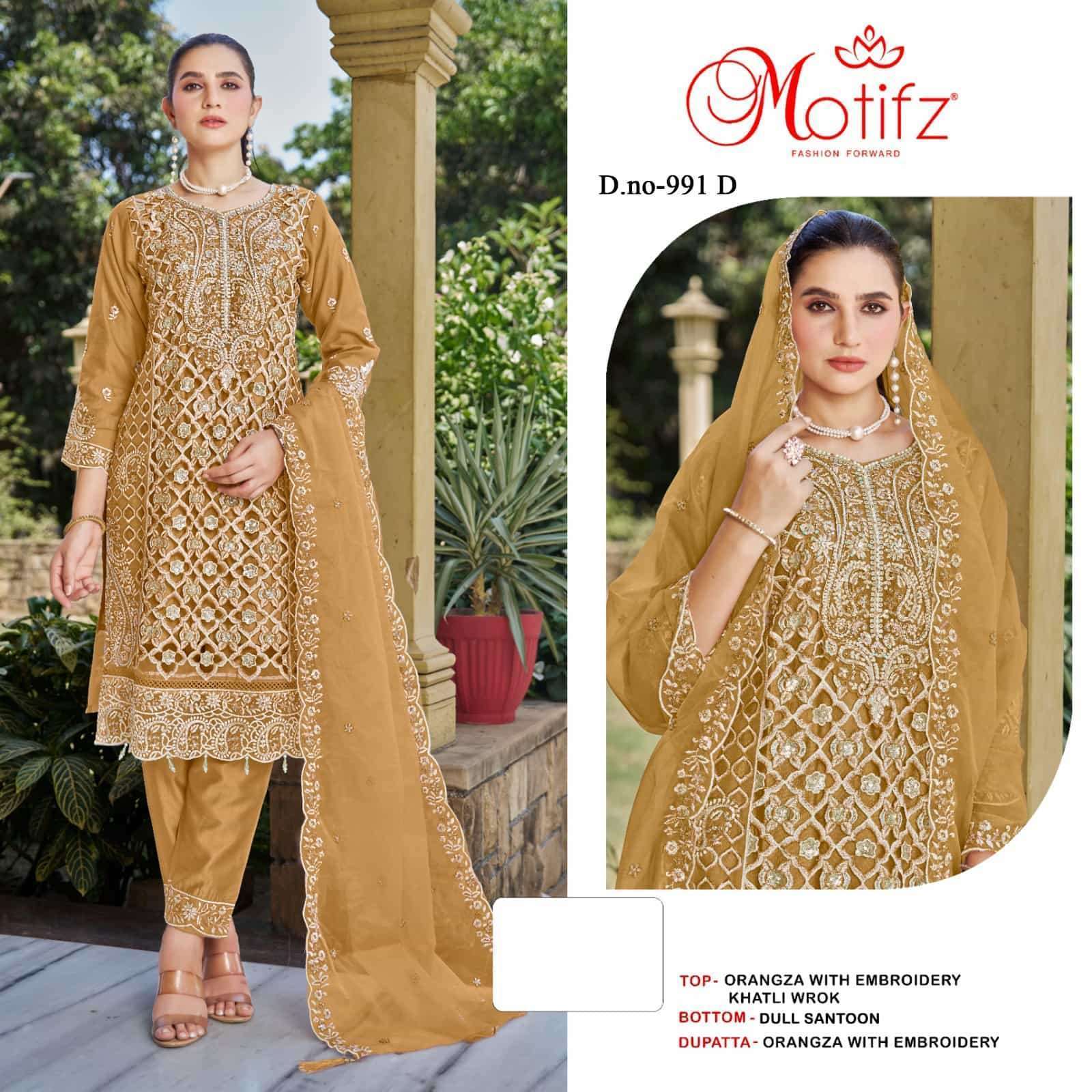 MOTIFZ D 991 COLORS ORGANZA EMBROIDERY WORK PAKISTANI SUIT WHOLESALER 