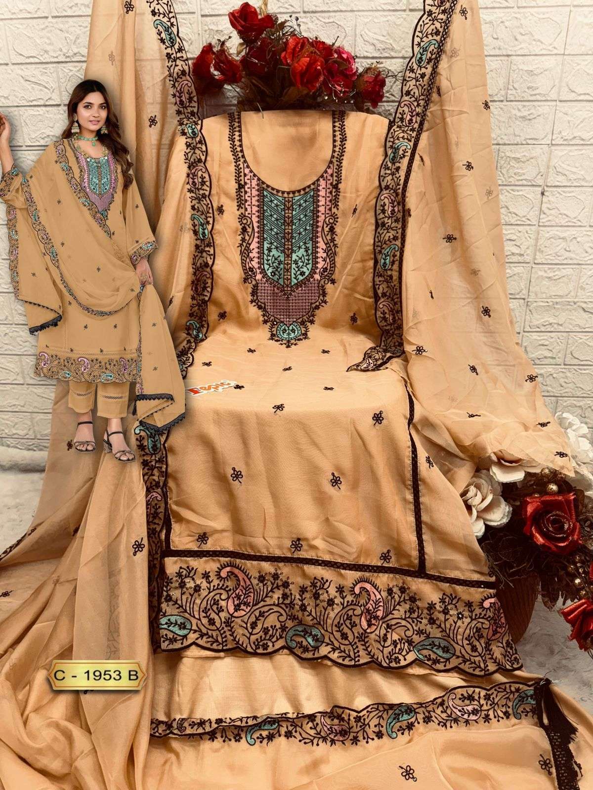 FEPIC C 1953 COLORS ORGANZA EMBRODERY PAKISTANI SUIT WHOLESALE 