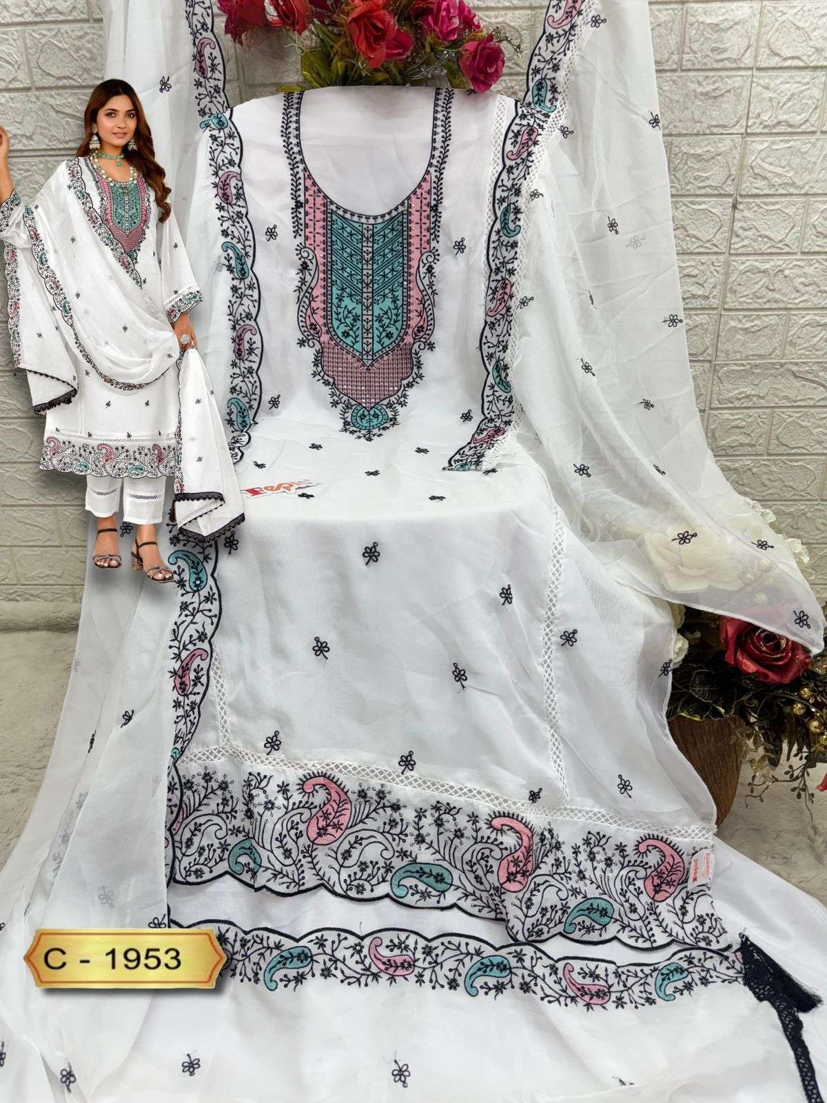 FEPIC C 1953 COLORS ORGANZA EMBRODERY PAKISTANI SUIT WHOLESALE 